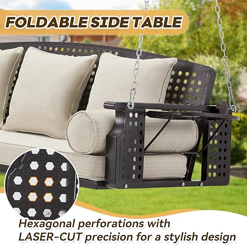 Miniatura 5 de Columpio de porche de 3 asientos, banco de columpio para patio con portavasos y 3 cojines de respaldo, silla columpio con cadenas para terraza,