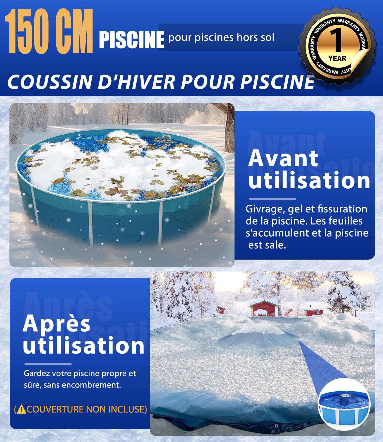 Angooni Coussin de piscine d'hiver 150 × 150 cm XXL avec double couture pour couverture de piscine – Coussin de piscine pour l'hiver avec valve Boston double inflation