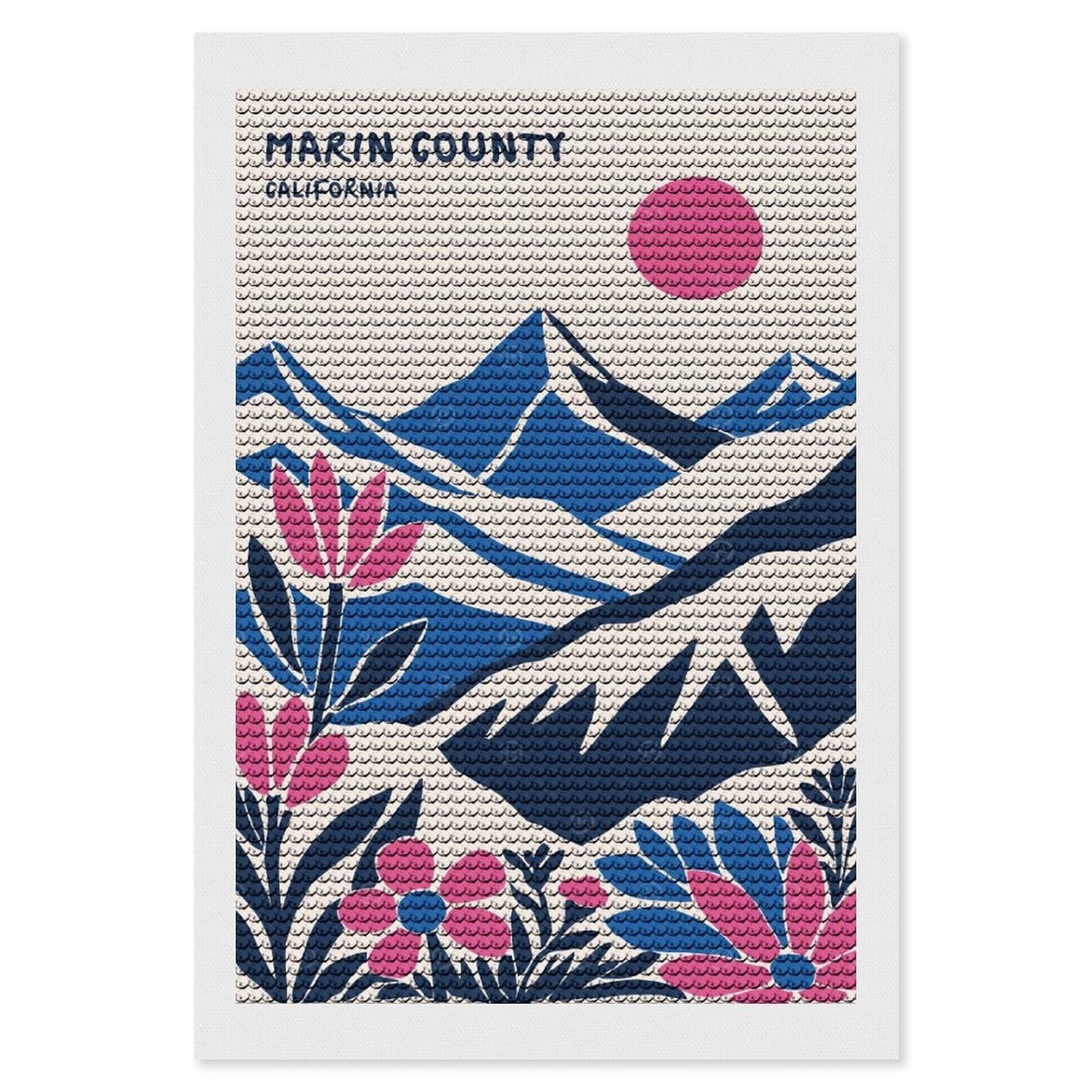 Junmoney Marin Country California Diamond Art Kit 8"x12", Holiday Gift Idea, for Women, Easy Handmade Project, Vintage Style Decor, Printed Canvas