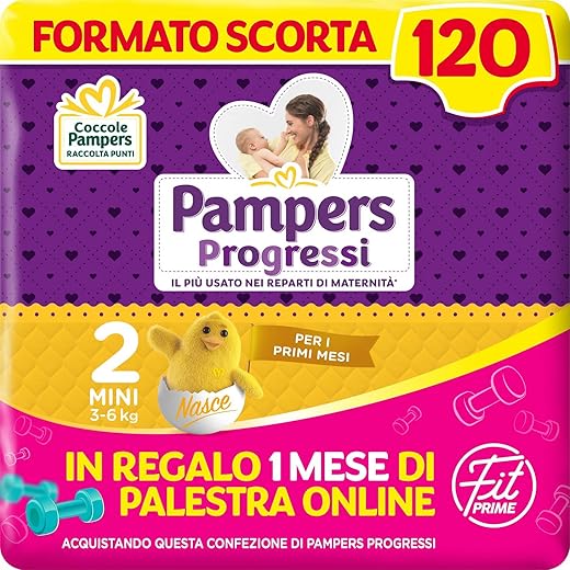 Pampers Progressi & Fit Prime Junior, Formato Scorta, 114 Pannolini, Taglia 5 (11-25 Kg), 1 mese di palestra online in omaggio