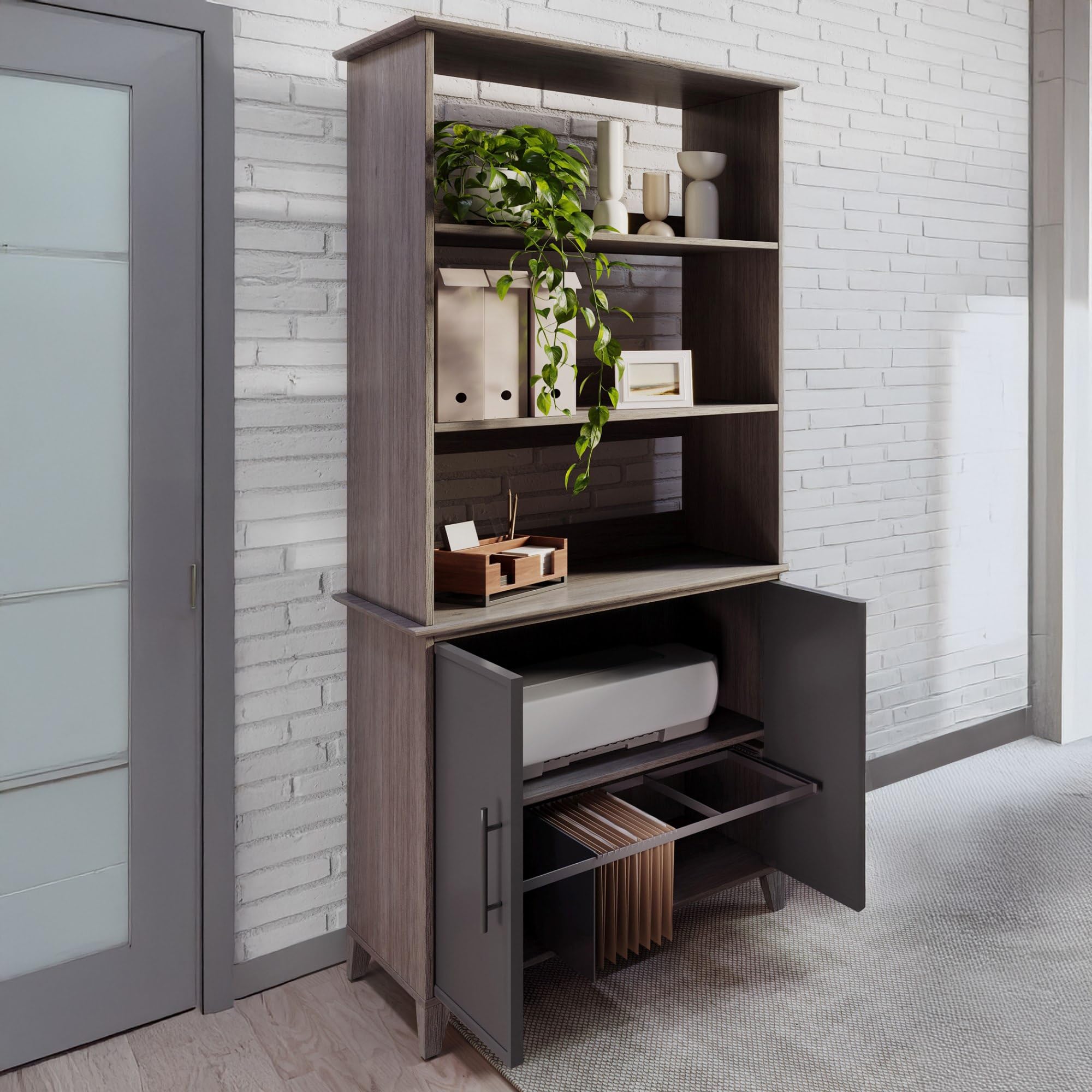 Realspace(r) Koru 72"H 3-Shelf Bookcase With Printer Shelf & File Storage, Two-Tone Slate/Gray Oak