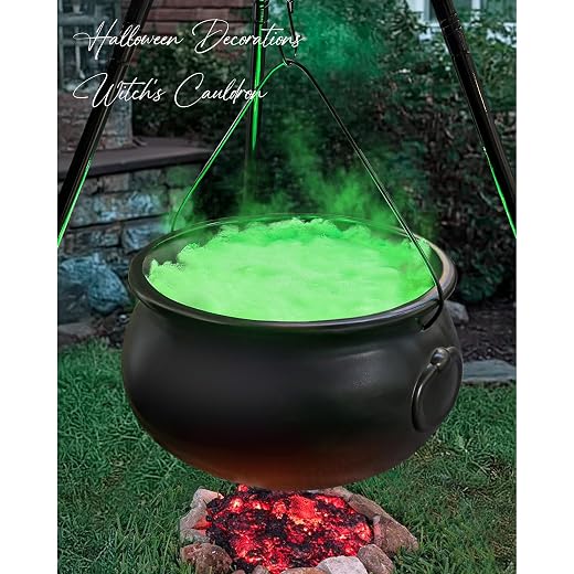 Halloween Decorations Outdoor - Halloween Party Decorations - Large Witches Cauldron on Tripod with Lights - Black Plastic Bowl Decor - Hocus Pocus Candy Bucket Decoration for Home Porch Outside