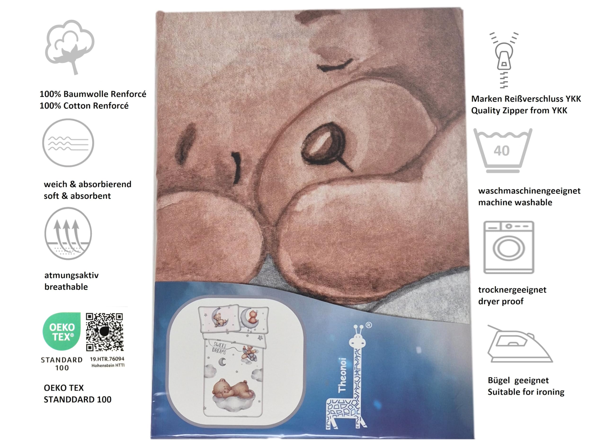 Theonoi Biancheria da letto per bambini e bambine, set completo di copripiumino 100 x 135 cm e federa 40 x 60 cm, in cotone Öko-Tex Standard per ragazzi e ragazze (orsacchiotto)