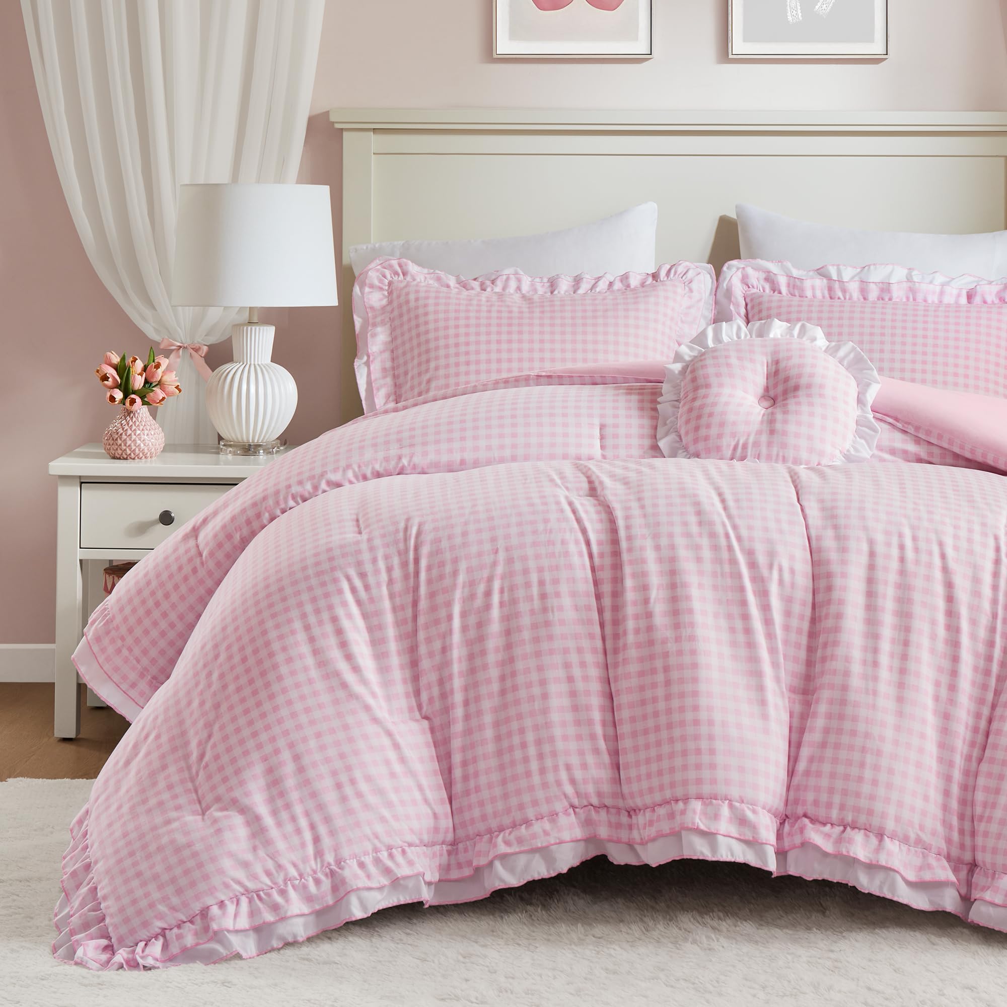 Intelligent Design Intelligent Design Gingham Ruffled Vintage Pink Queen Comforter Set, 4pc | Bedding Full Size, Girls Bedroom, Farmhouse, Reversible, All-Season, Lightweight, Machine Washable, Easy Care, Cozy, Full/Queen, Pink