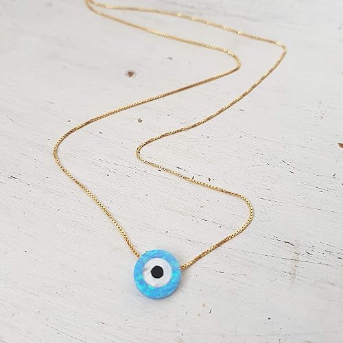 Miniatura 2 de Blue Opal Evil Eye Necklace,10mm created Opal,14k gold filled chain length 16 inch+ extension