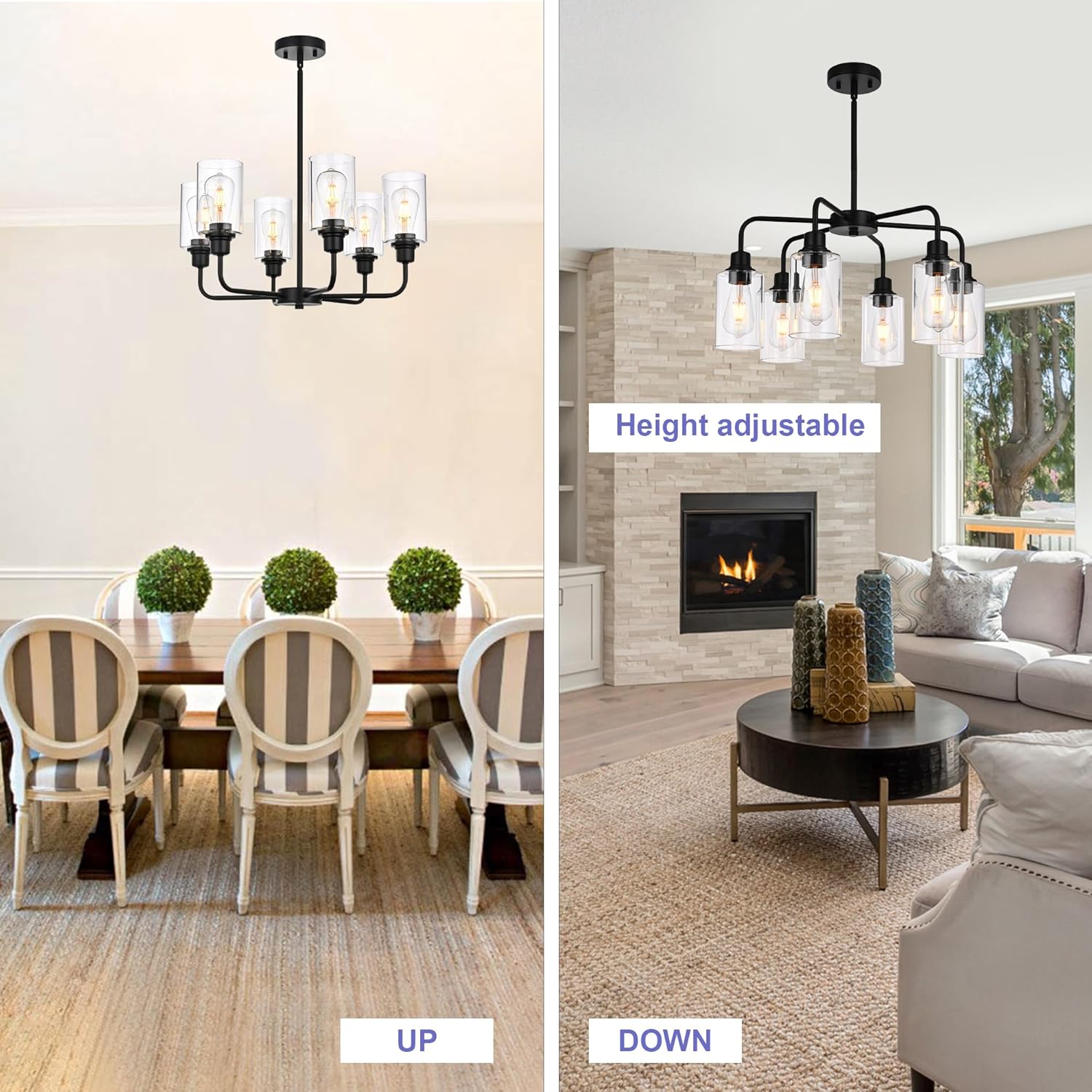 Black Chandelier | 6 Lights Farmhouse Chandeliers for Dining Room Light Fixtures Over Table | Hallway Lighting with Clear Glass Shade for Living Room | Kitchen | Entryway | Bedroom | Bathroom