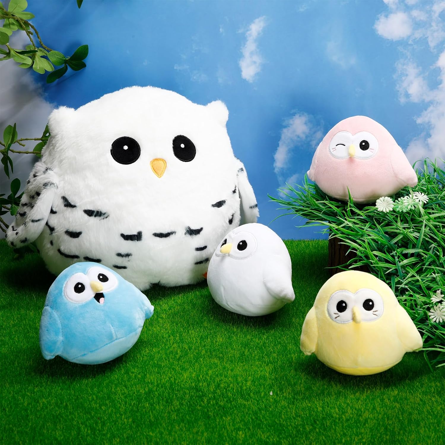 Hollowfly 5 Pcs Easter Owls Plush Toy Gift Set 9.5" Mommy Owls with 4 Cute Pastel Babies Stuffed Animal in Zippered Butt Nurturing Plushies Toy Set for Kid Adults Birthday Party Favors Gifts