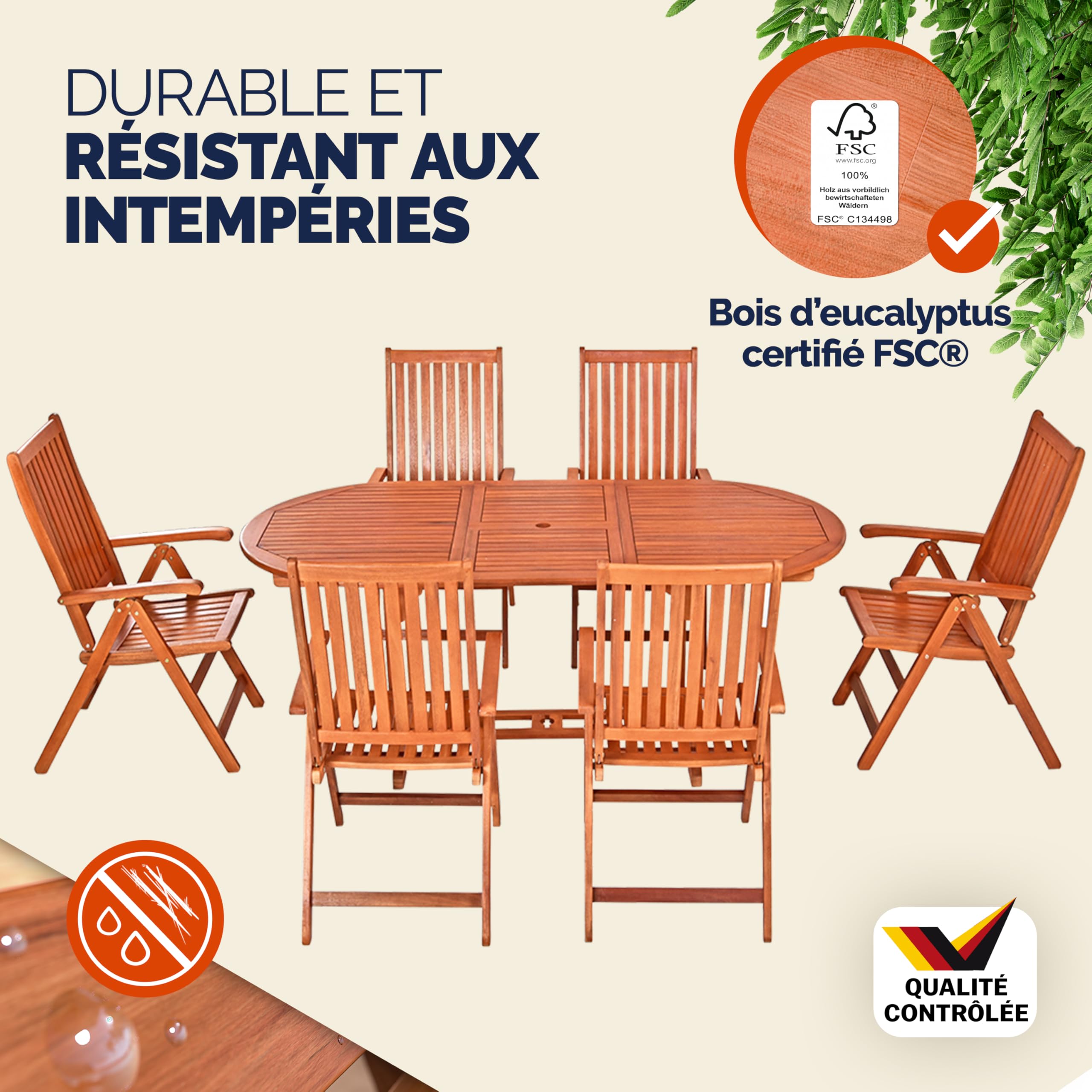 Casaria® Salon De Jardin Extérieur Papillon - Table De Jardin Extensible 200 cm Et 6 Chaises avec Accoudoirs - Bois D'eucalyptus FSC® - Ensemble Pliable Résistant Et Durable avec Trou pour Parasol