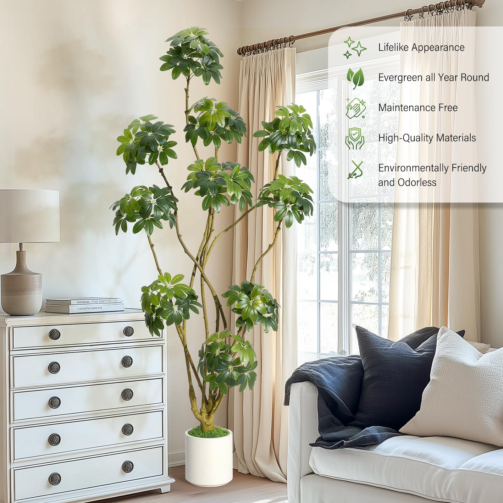 Garvee Künstlicher Schirm Scheffler Baum 210 cm, Künstliche Pflanzen Groß wie echt mit Stamm aus Naturholz, Kunstbaum Groß für Wohnzimmer, Schlafzimmer, Büro, Garten