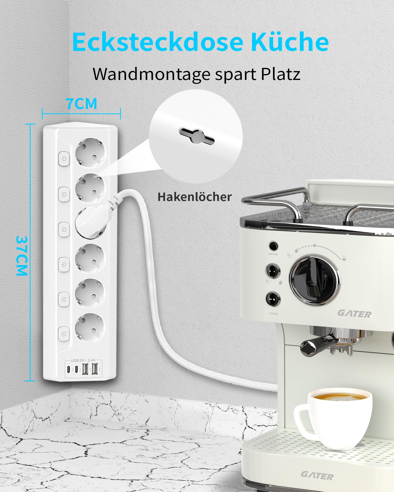 Ciabatta elettrica angolare con protezione da sovratensione, con USB C, 6 prese, presa multipla da tavolo con cavo da 2 m (3680 W, 16 A), montaggio a parete, per cucina, casa, ufficio