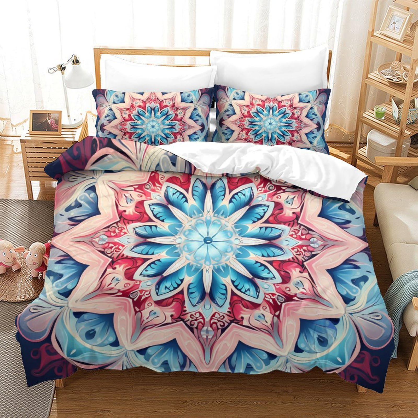 Housse de couette 260x220 fleurs polygonales avec taies pour lit super king