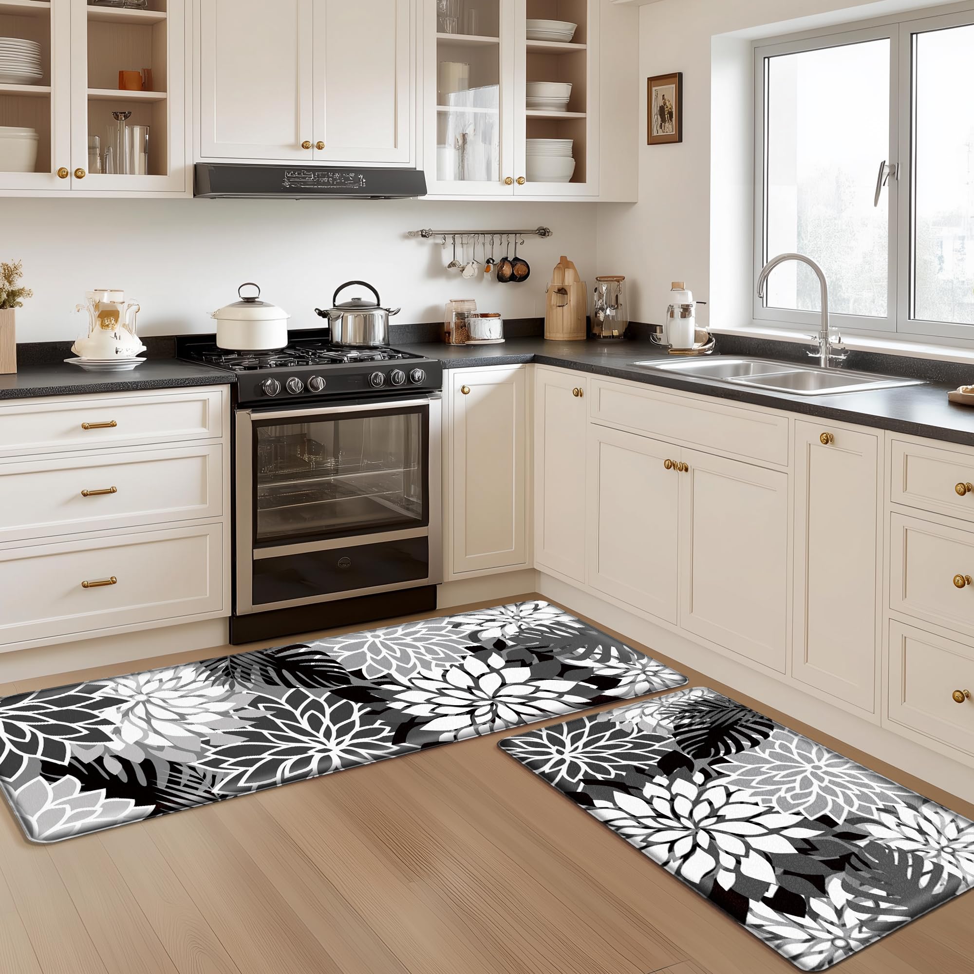 Arenarug Kitchen Mats for Floor 2 Piece Cushioned Anti Fatigue Kitchen Mats Waterproof Non Slip Kitchen Mat Rug Set Comfort Foam Standing Mat for Sink, Laundry, Office, Black White: Black White 17.3"x30"+17.3"x47"-0.4 inch