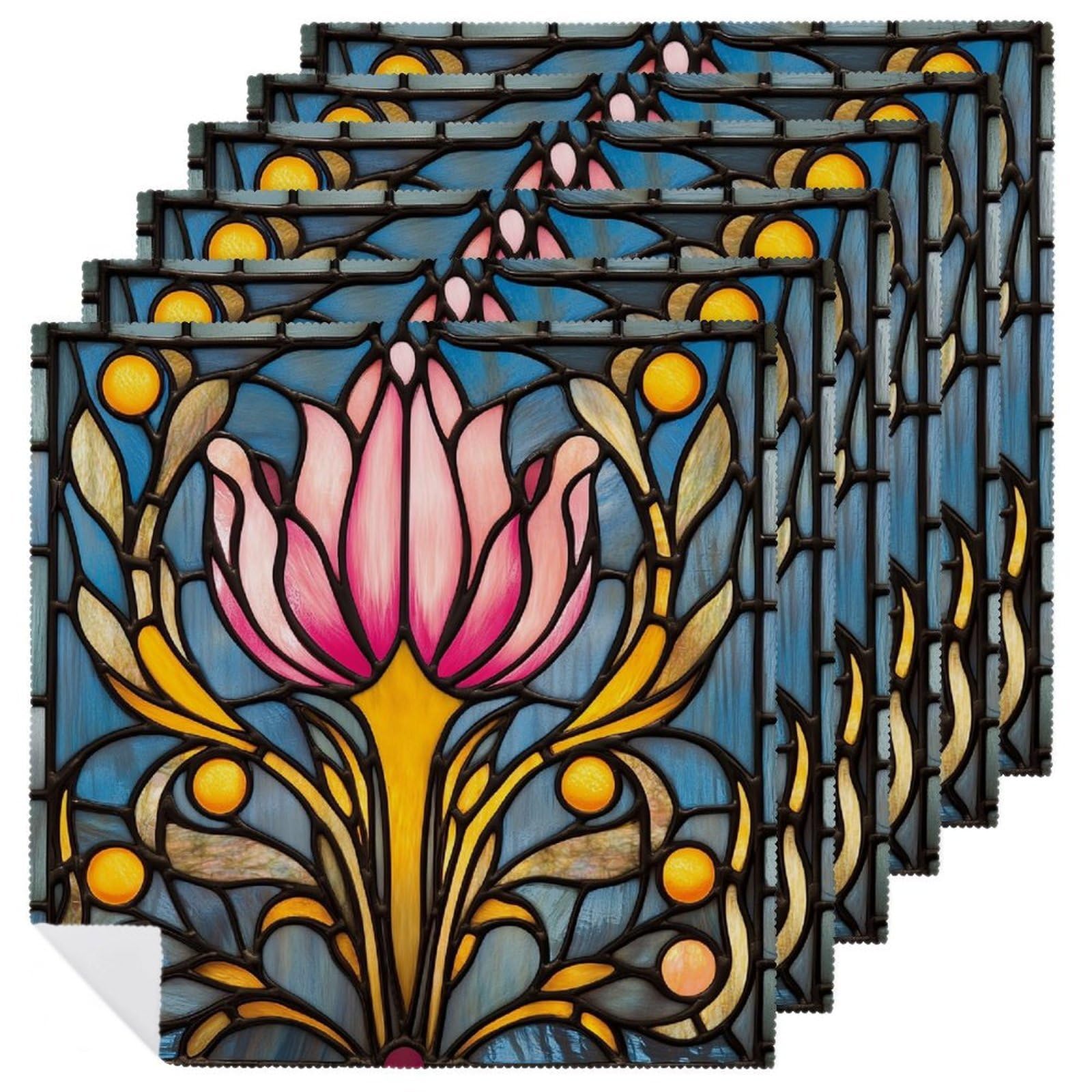 Stained Glass Stylized Pink Floral Cloth Napkins Set of 6, Square Premium Reusable Washable Polyester Table Linen Napkin for Dinner Party