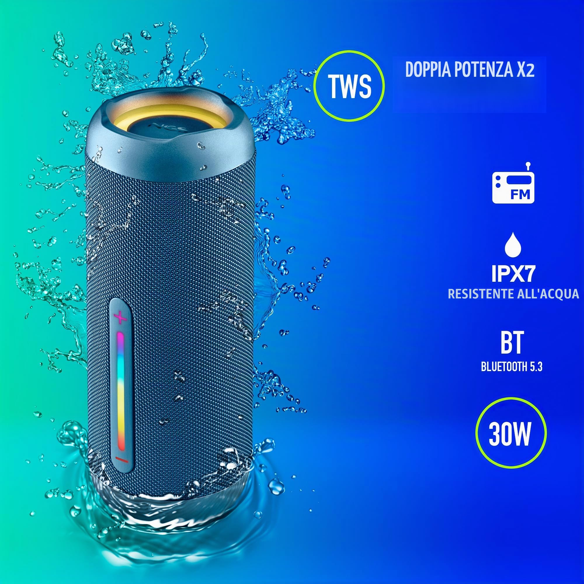 NGS Roller Furia 2 Blue – Altoparlante Bluetooth portatile 5.3, 30 W, impermeabile IPX7, luci RGB, True Wireless TWS, USB, batteria 9 ore, blu