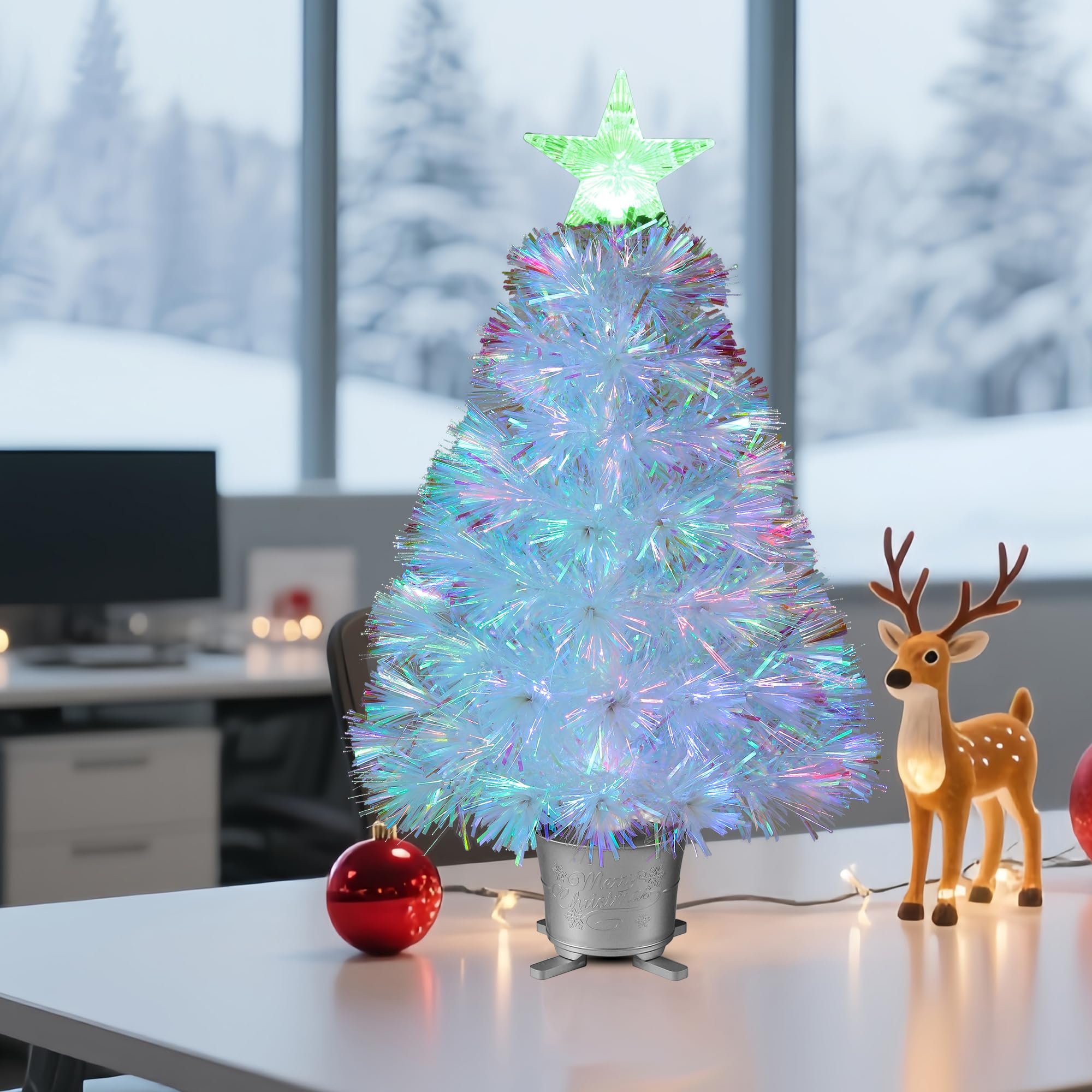 YUETJIN Petit sapin de Noël artificiel de table en fibre optique pré-éclairé de 61 cm avec étoiles - Transparent