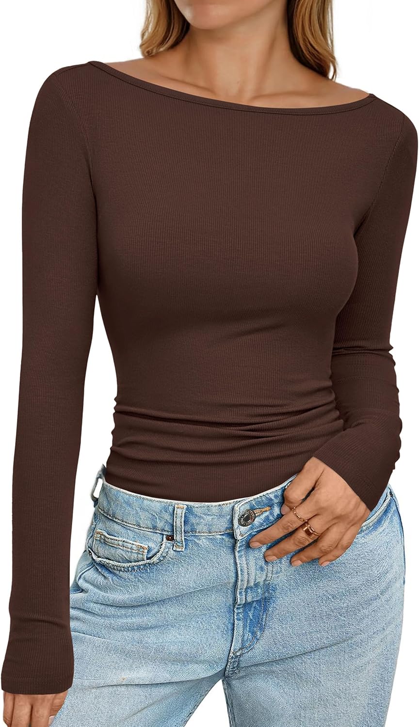 PRETTYGARDEN Long Sleeve Shirts for Women 2025 Fall Boat Neck Ribbed Knit Ruched Fitted Going Out Tops Casual Basic Tees PRETTYGARDEN Long Sleeve Shirts for Women 2025 Fall Boat Neck Ribbed Knit Ruched Fitted Going Out Tops Casual Basic Tees
