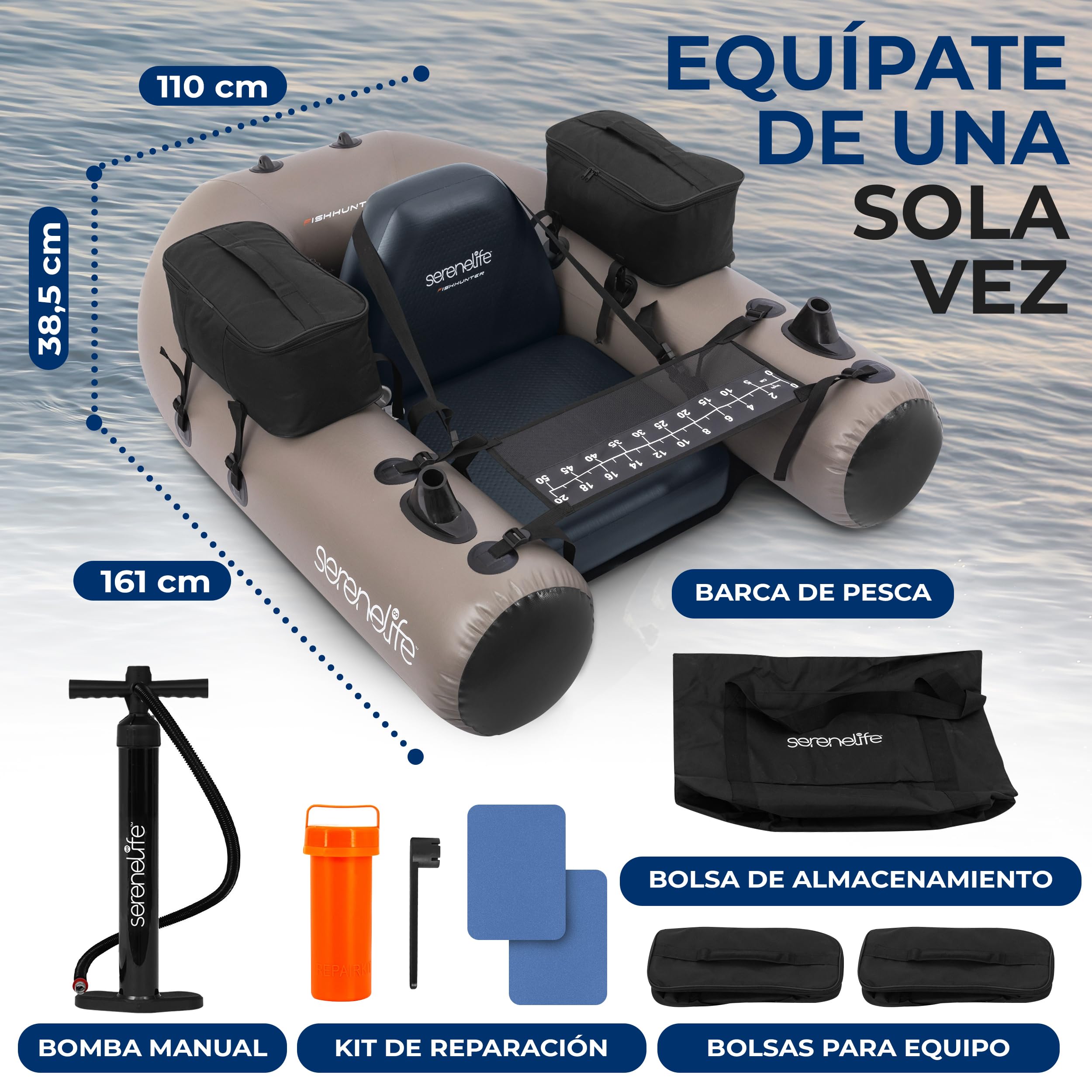 SereneLife Barca Hinchable de Pesca, Asiento Ajustable, Respaldo, con Bolsa de Transporte y Kit de Reparacion