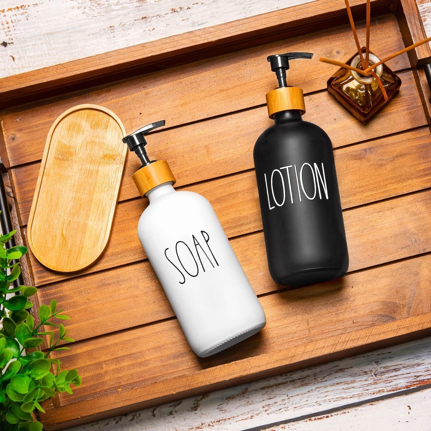 Hniuyun Bathroom Soap Dispenser Set, Glass Soap Dispenser with Bamboo Pump & Tray - Image 3