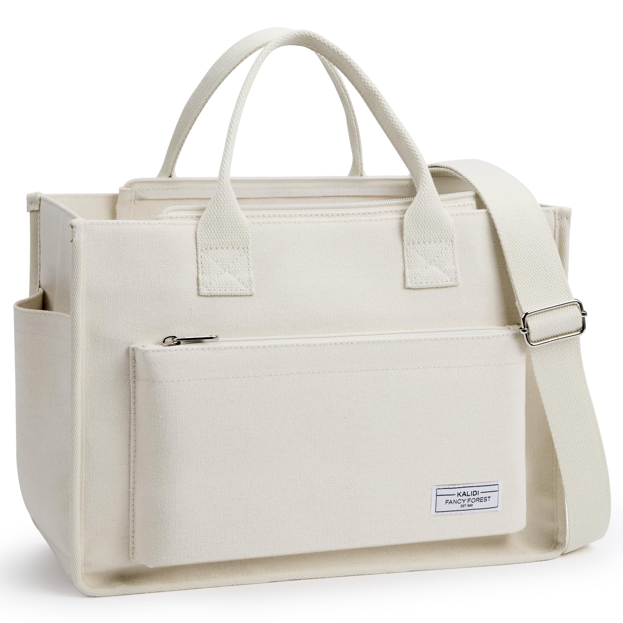[KALIDI FANCY FOREST] トートバッグ ショルダーバッグ 数個ポケット 3WAY使い 脱着可能肩紐 大容量 大きめ 自立 キャンバストート 帆布 トートバッグ 通学 通勤用 レディース メンズ