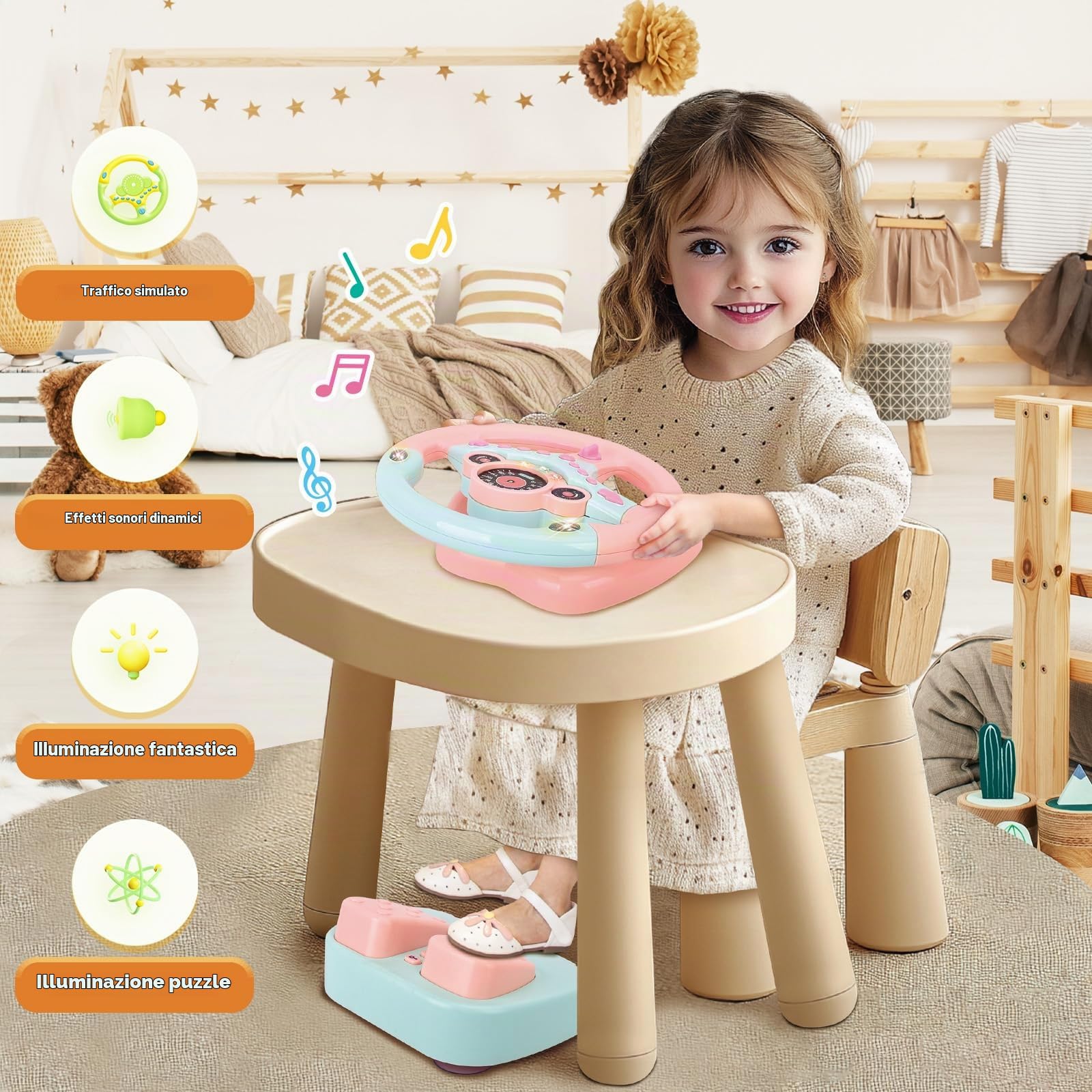 RedCrab Volante Giocattolo per Bambini con Pedale del Freno e Dell'acceleratore, Simulatore di Guida Bambini Rotazione a 360°, Volante per Bambini da Auto con Funzione Suono e Musica (Rosa)