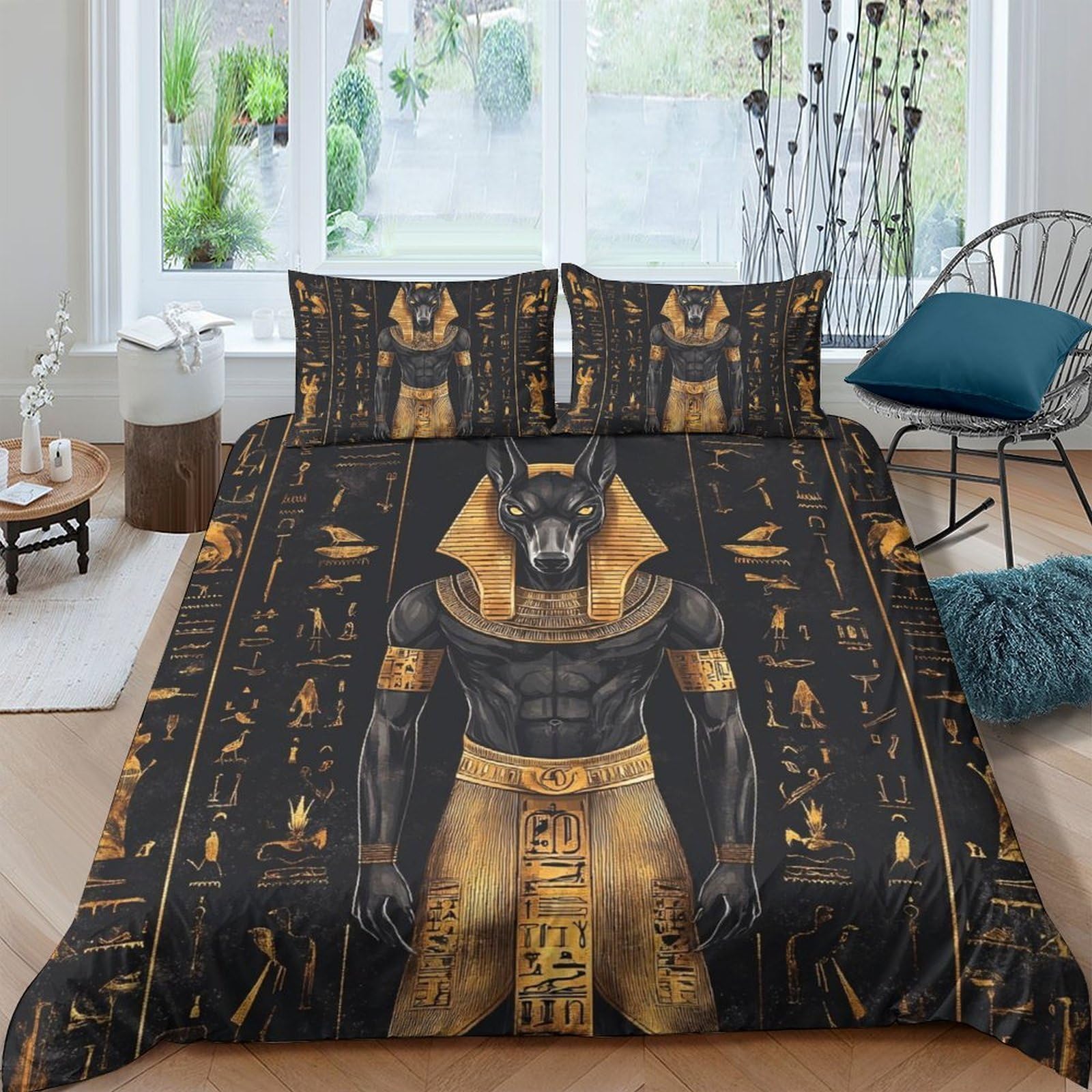 Ctjqhvkz Style-7 3D Printed Egyptian Anubis Fitted Sheet Microfiber Soft Black Gold Ancient God Bed Cover For Bedroom Decor Single（135X200cm）