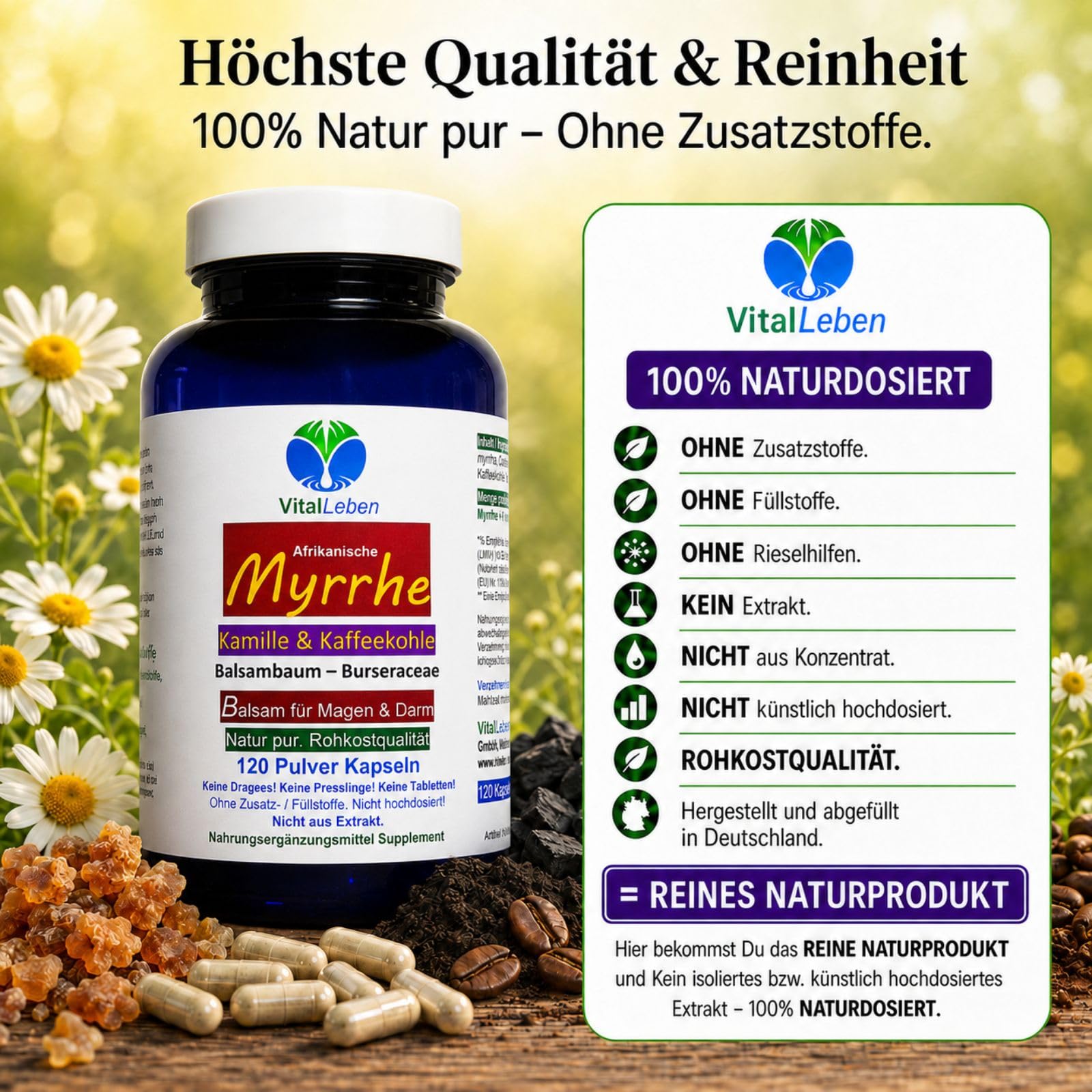 MYRRHE + KAMILLE + KAFFEEKOHLE 240 Pulver Kapseln (2x120) für den gestressten Darm nach AYURVEDA und Hildegard von Bingen - NATUR pur - OHNE ZUSATZSTOFFE [4 Monate] 27160-2