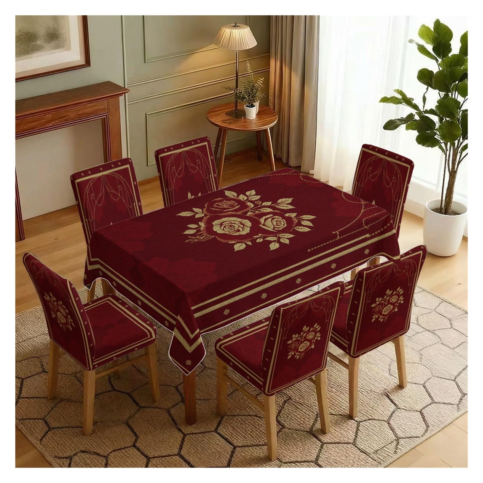 BOSUYBN Vintage Red Rose Dining Chair Covers & Tablecloth Set, 5/7 Piece Gold Ornate Slipcovers For Luxurious And Festive Decor Table Setting(7pcs Set: Tablecloth+Chair Covers)