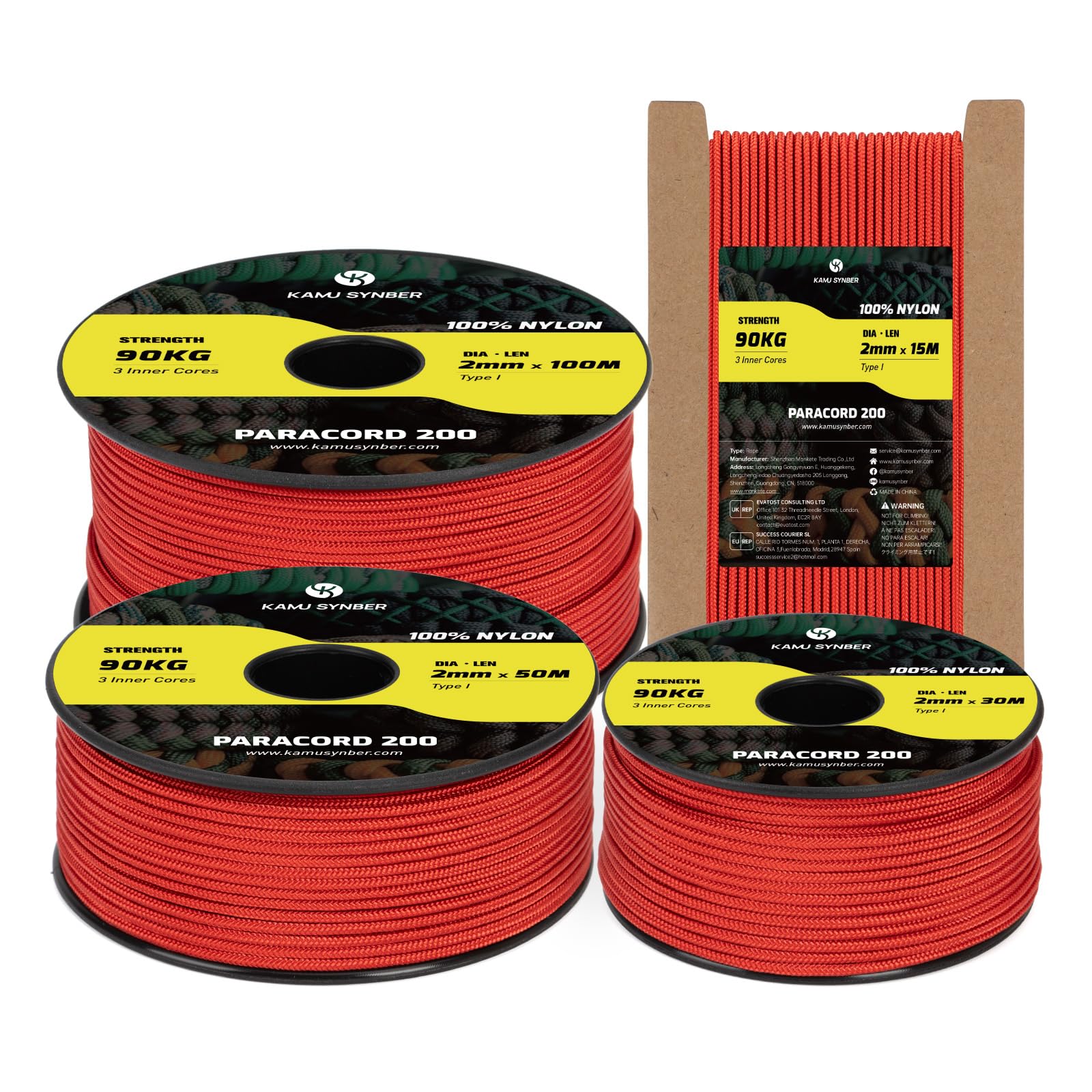 Kamu Synber Paracord 2mm 3 Strands 15M 100% Nylon Rope Type I Parachute Cord for Craft, Outdoor, DIY, Camping | Support 90kg | Red