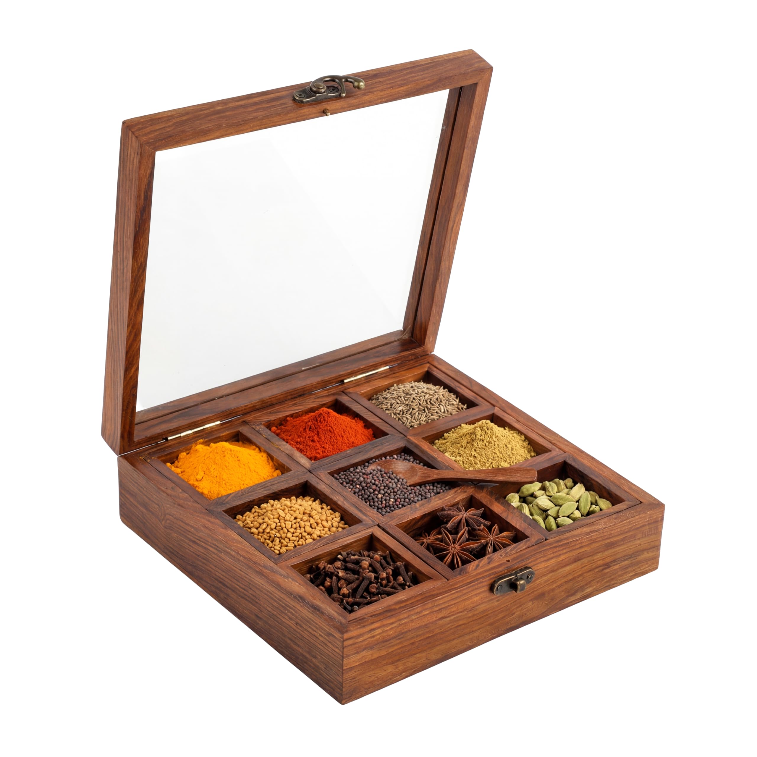 Scatola portaspezie in legno quadrata Masala Dabba 9 scomparti per condimenti erbe aromatiche armadio dispensa cassetto scaffale portaoggetti ripiano ripiano regalo per cucina casa cuochi set