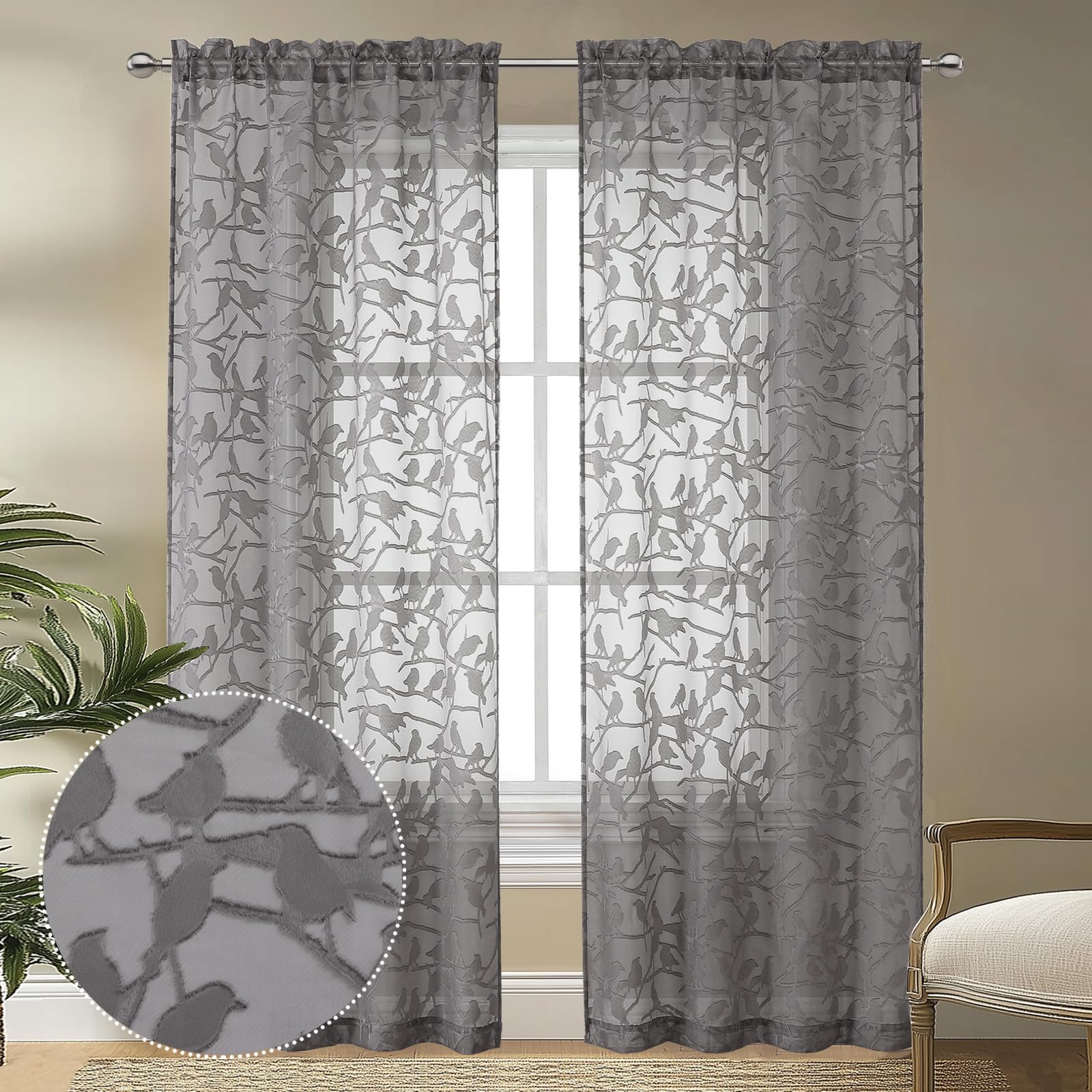OVZME Textured Charcoal Grey Sheer Curtains 84 inch Length 2 Panels Set for Living Room, Anji Bird Semi Voile Balance Privacy & Light Rod Pocket Elegant Sheer Curtain for Bedroom Yard Patio, 38Wx84L