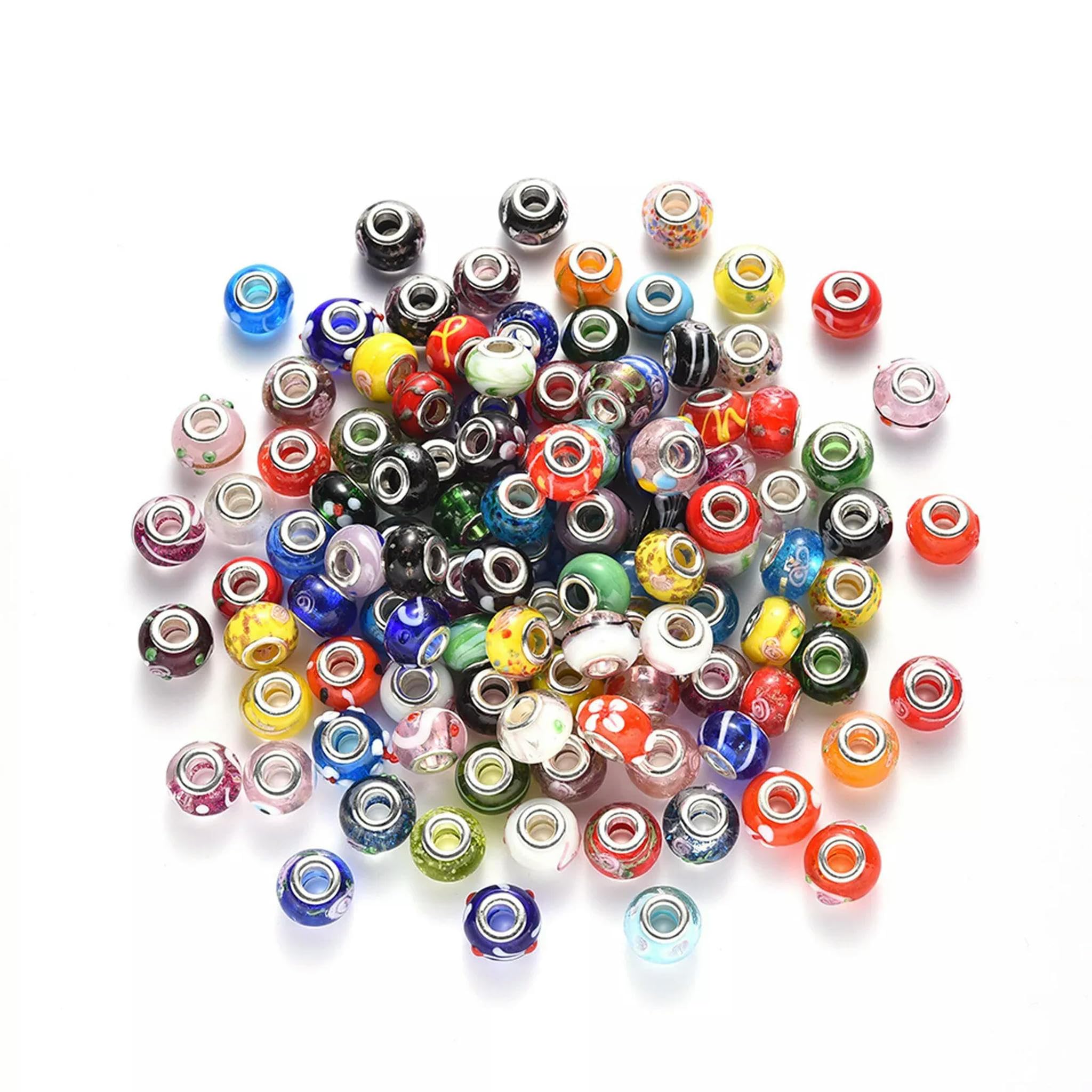 Perles à gros trous, Lot de 100 perles rondes artisanales en verre soufflé européen à gros trous, 14-16 x 9-10 mm