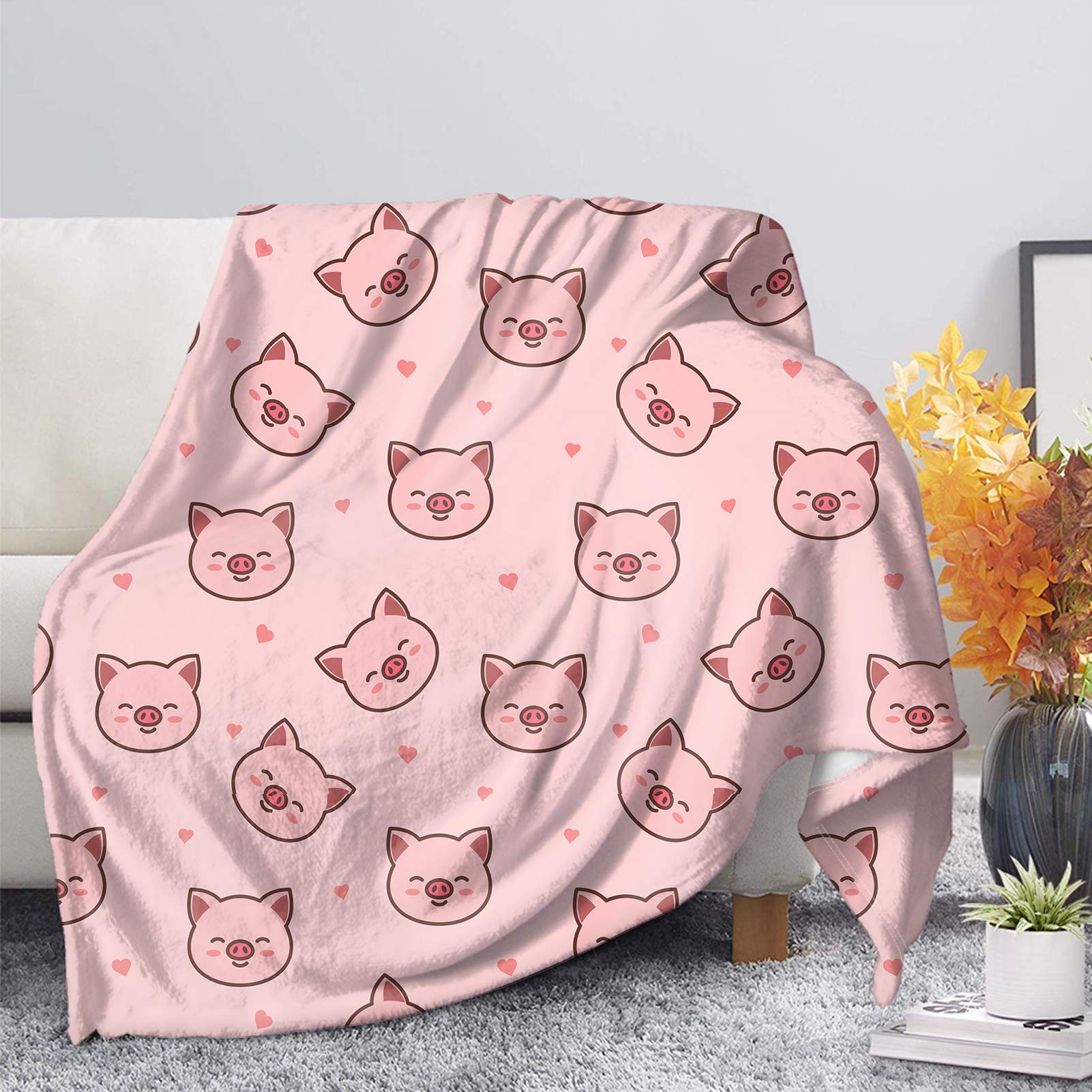 Coeqine Pink Pig Pattern Throw Blanket Kids Flannel Throw Blankets For Bed Couch,Super Soft Cozy Warm Blanket Lightweight Throws