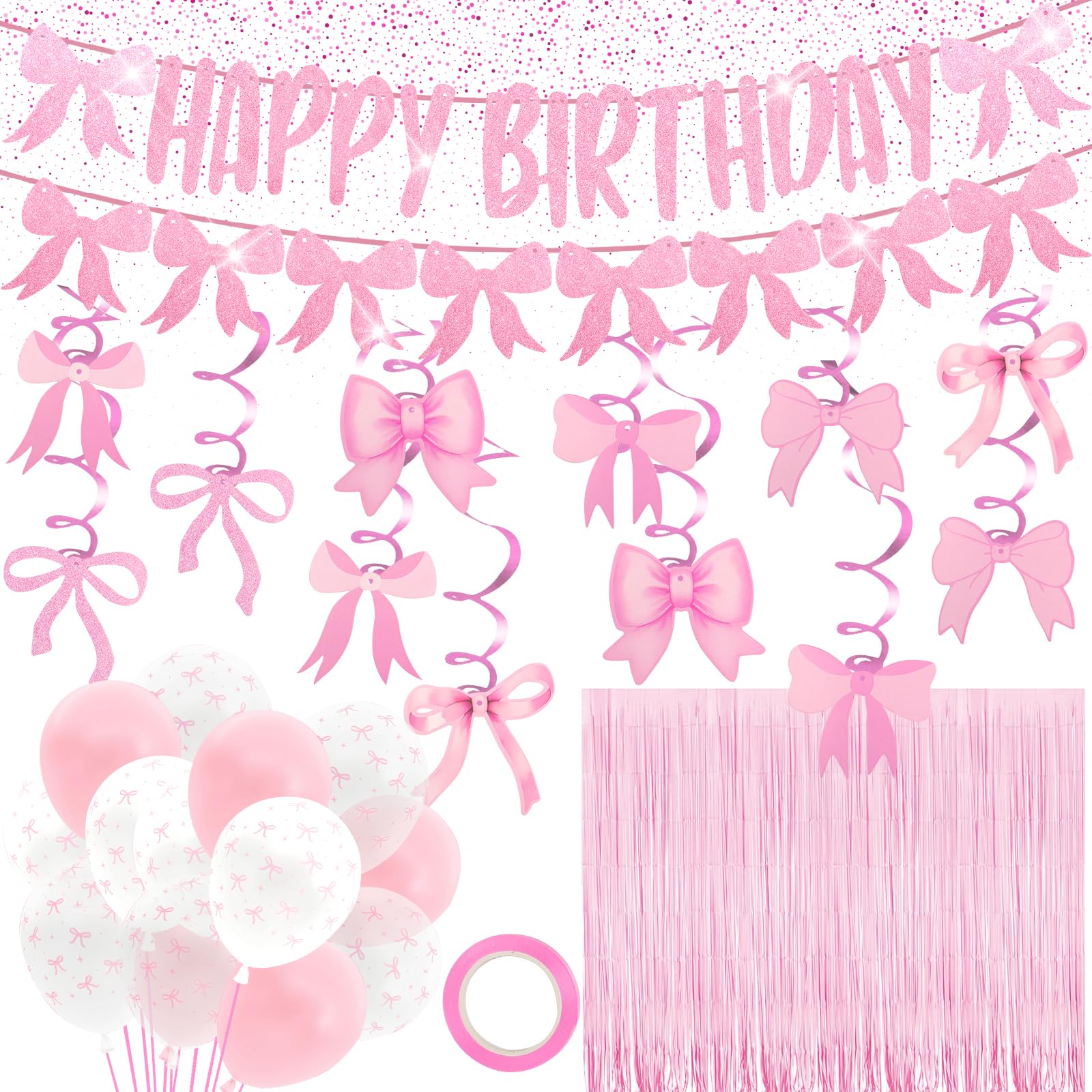 Pink Bow Birthday Party Decorations, Pink Coquette Girl Party Supplies Includes Banner,Pink Foil Fringe Streamers, Bow Foil Balloons,Latex Ballonns