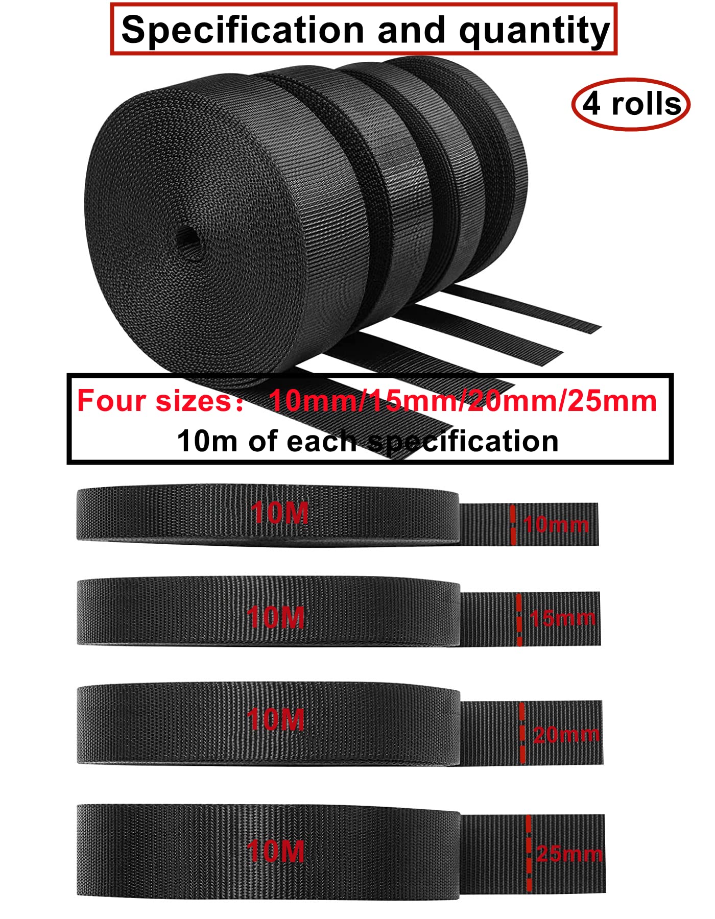 HUAZIZ Correa de polipropileno, Cincha, Cinturones, Correa de cincha Nylon 10/15/20/25 mm x 10 m, para Bricolaje, flejes de Mochilas, arneses y Collares de Perro - Negro