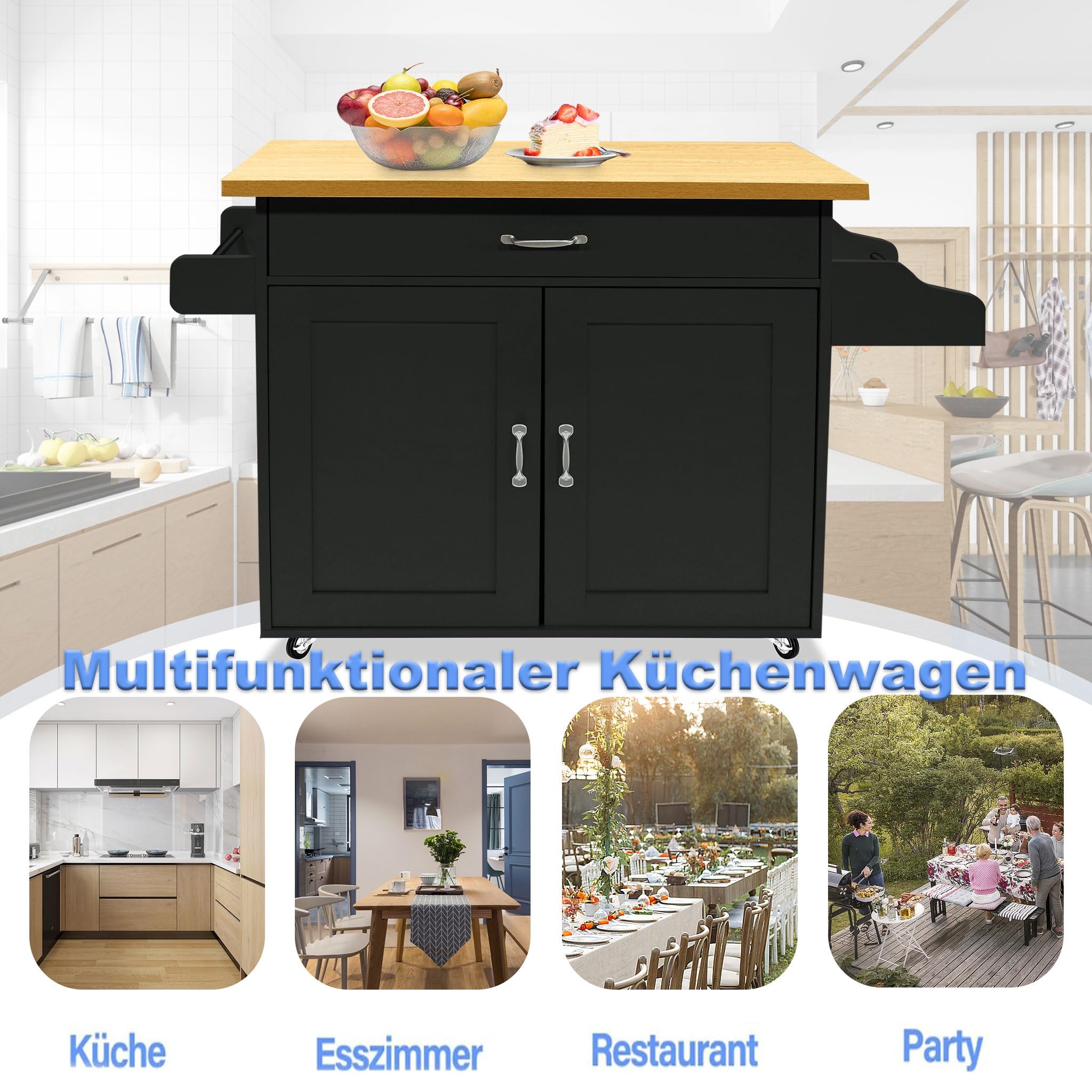 UISEBRT Carro de cocina con tablero de trabajo de madera, armario de cocina con ruedas con cajón y estante, carrito de servir de estilo rústico, carro de cocina móvil, negro