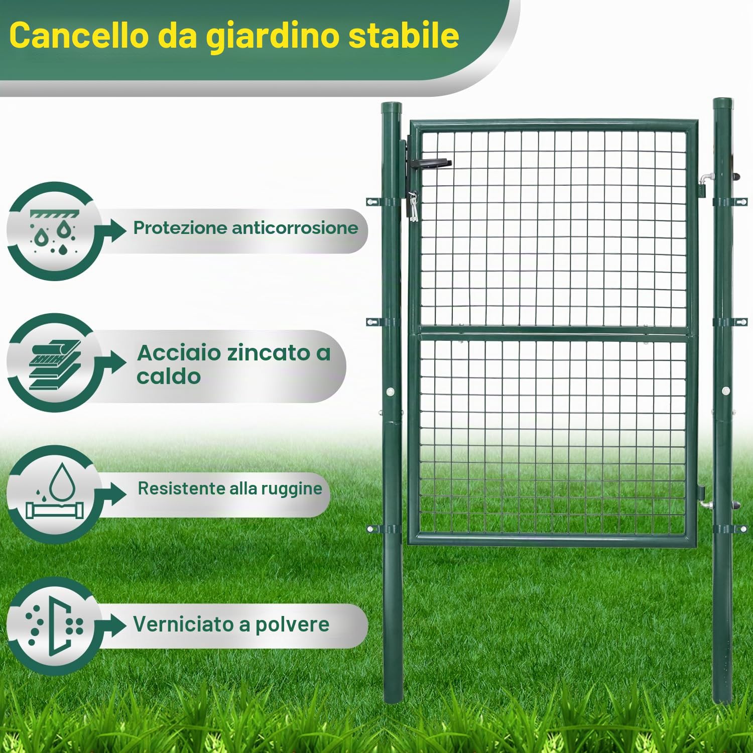 Cancello da giardino, in acciaio zincato, con maniglia e 3 chiavi, resistente alle intemperie, robusto e durevole