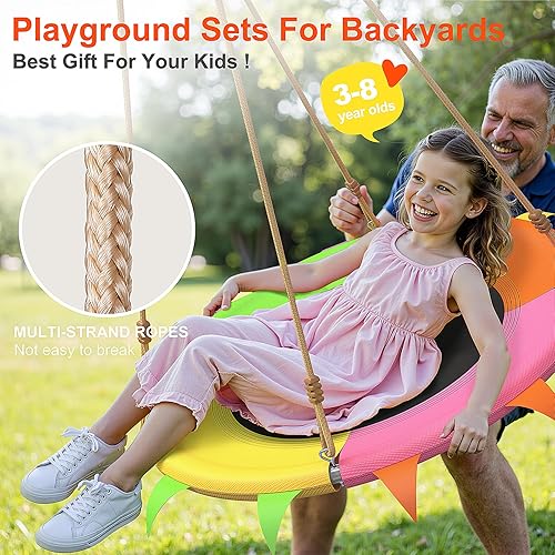 Miniatura 5 de Columpio de platillo para niños al aire libre, columpio de árbol resistente de 400 libras con correas y cuerdas ajustables, asiento al aire libre