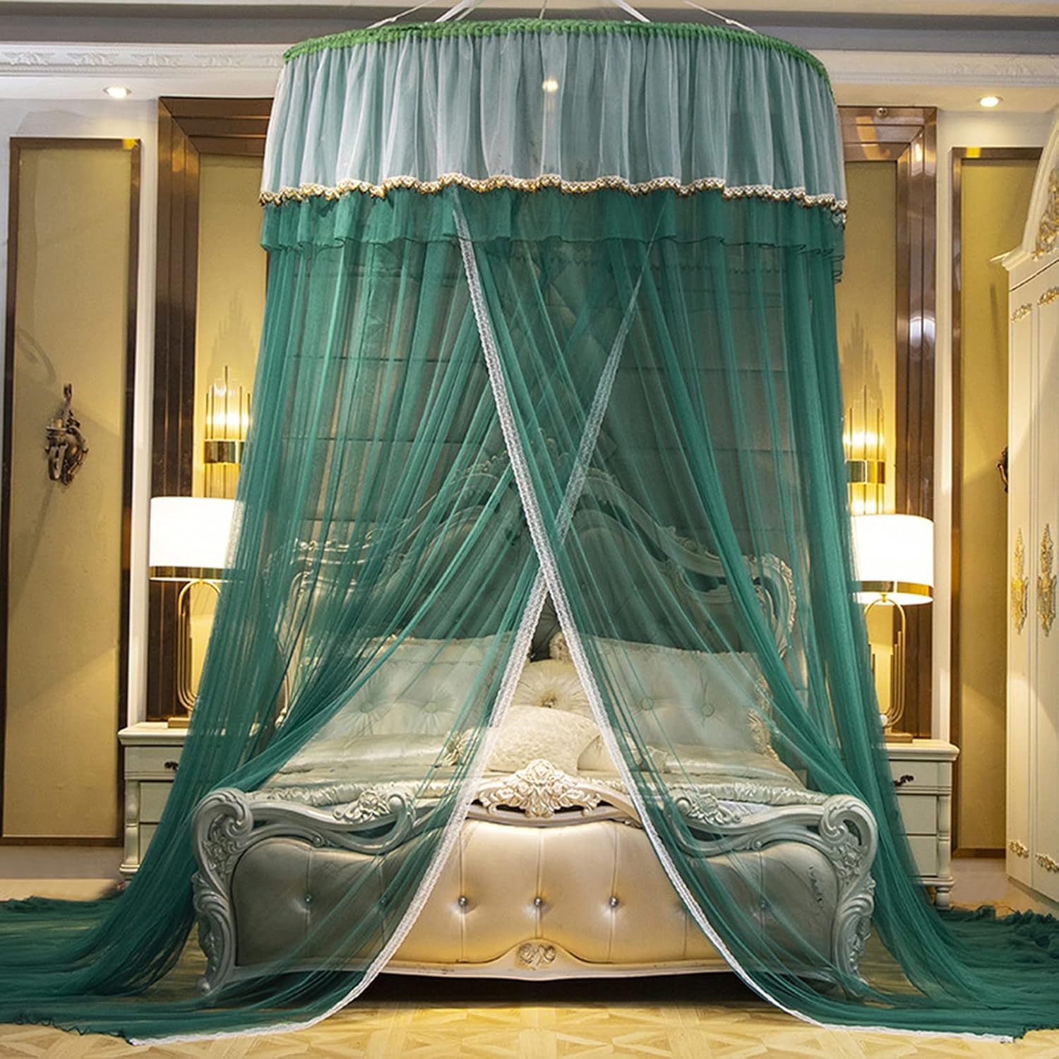 Mosquito Net, Bed Canopy for Double and Single Bed, Universal Dome Lace Mosquito Mesh Net Bed Tent with Adhesive Hook,Green