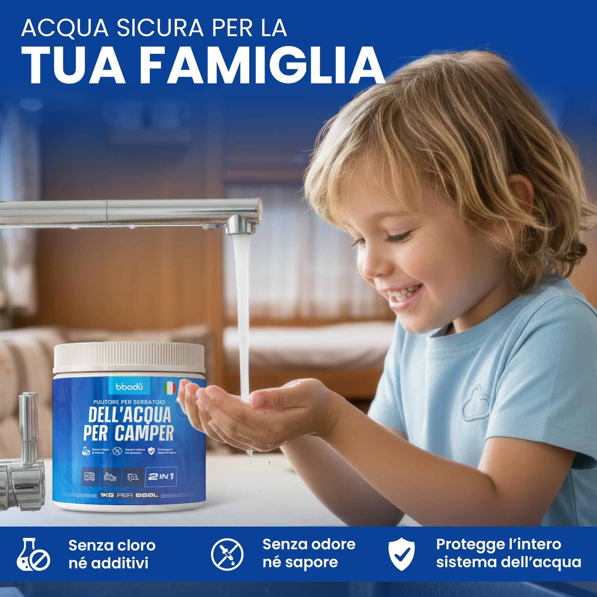 Pulizia Serbatoio Acqua Camper 1 KG | Pulisce e Disincrosta con Ossigeno Attivo | Senza Odori – Rimuove Biofilm e Sporco | Perfetto per Camper, Roulotte e Barche