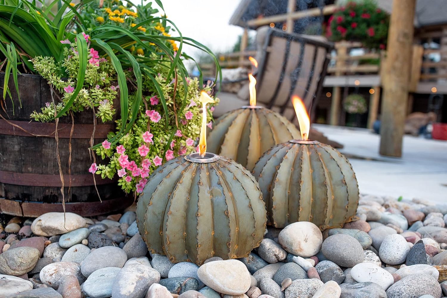 Desert Steel Golden Barrel Cactus Torch - (Large - 18" W x 13" H) - Outdoor Metal Yard Art & Lawn Decoration