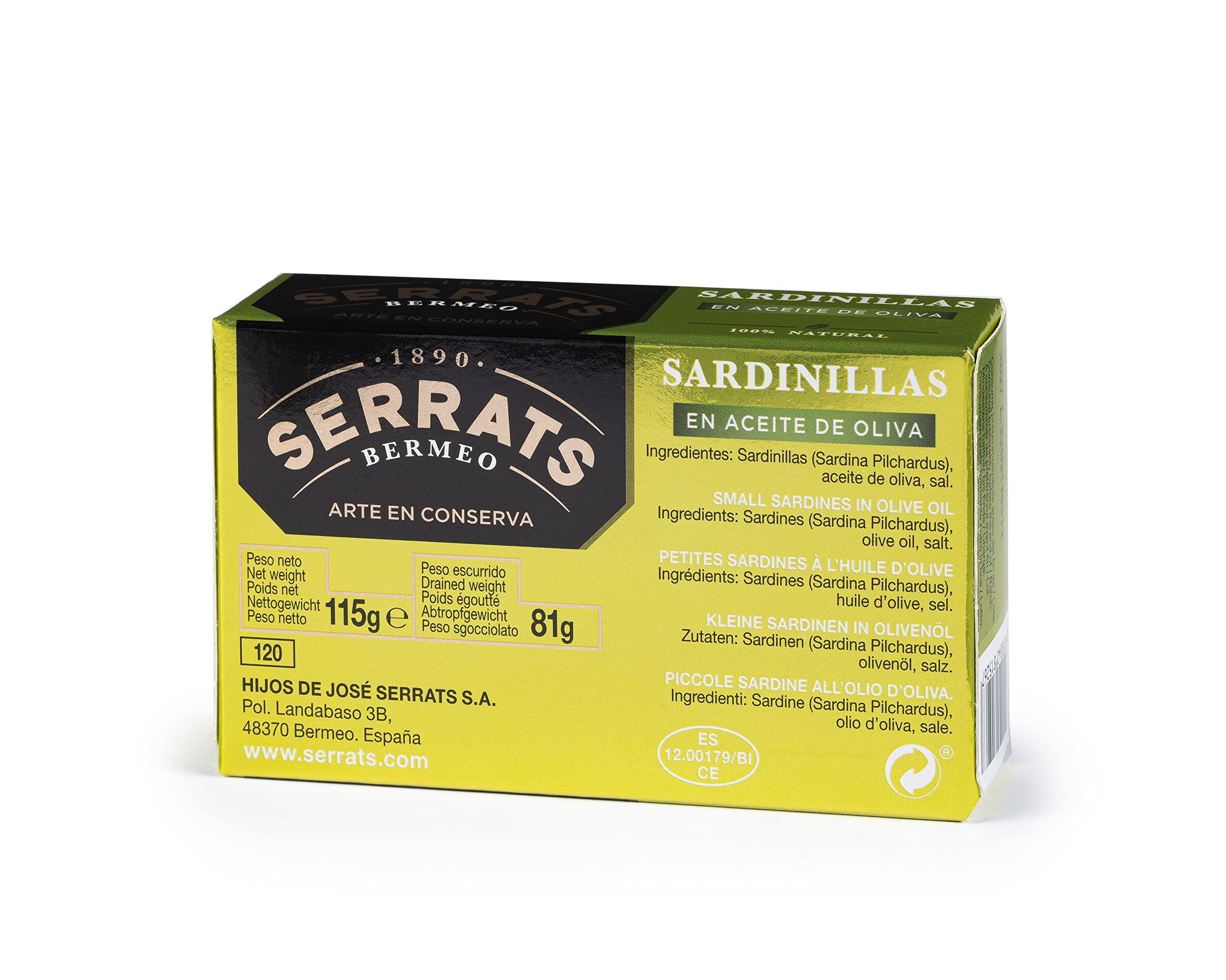 CONSERVAS SERRATS - Sardinen Txikis in Nativem Extra Olivenöl - 12 Dosen x 115g (Gesamt: 1380g) - Handwerkliche Herstellung seit 1890 - Glutenfrei - Reich an Omega 3