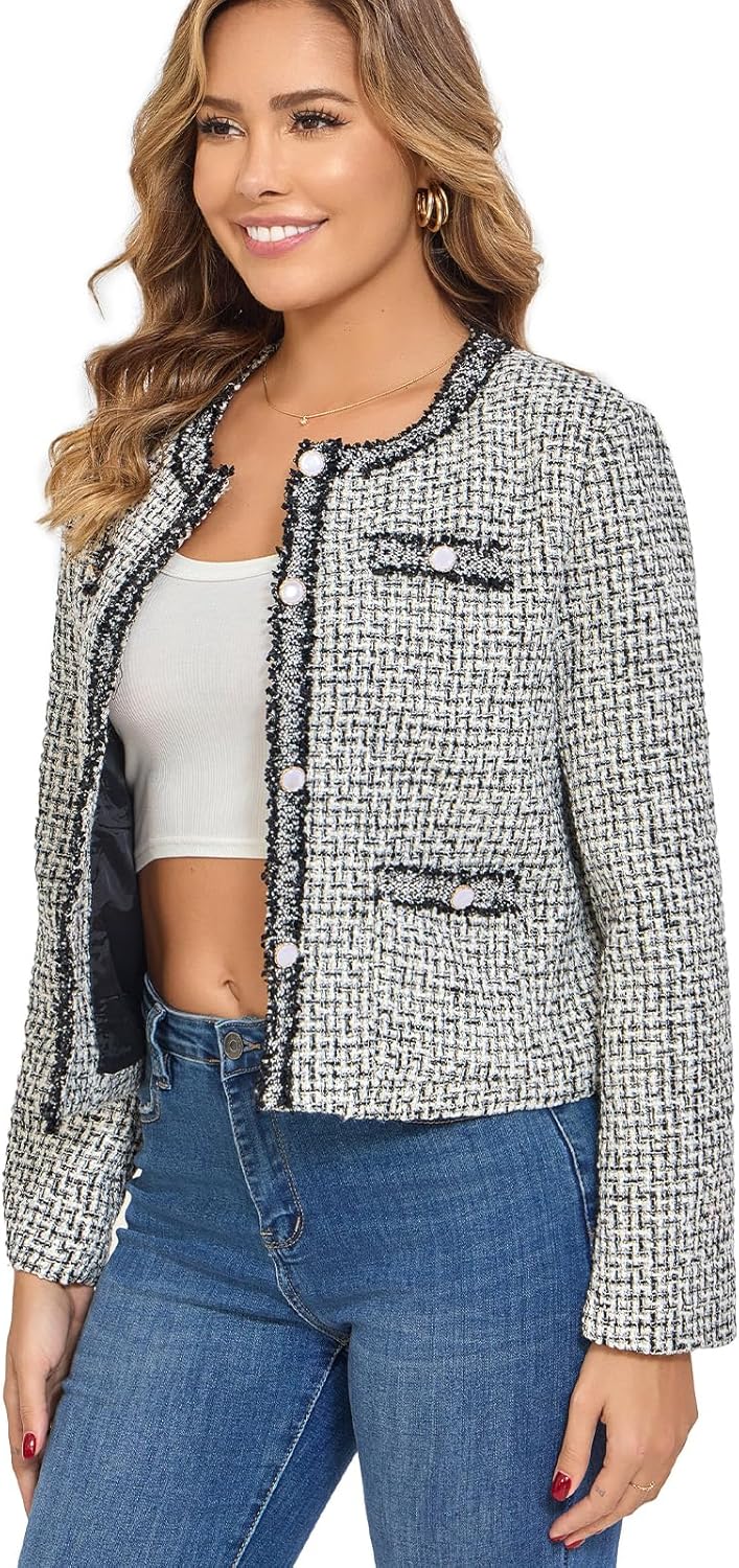 Women's Tweed Blazers Cropped Long Sleeve Crewneck Open Front Lace Trim Lightweight Plaid Work Business Jackets - Image 4