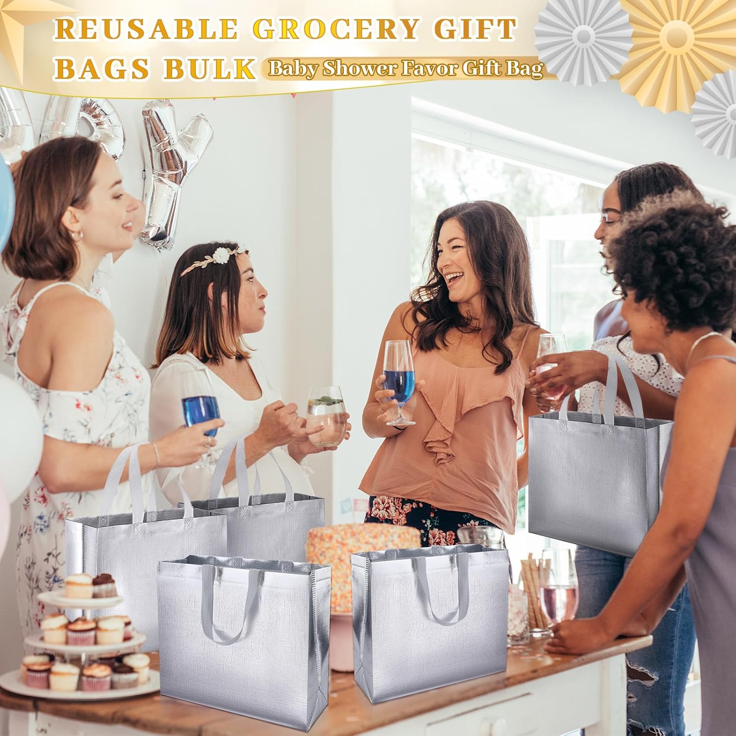 Epakh 48 Pcs Reusable Gift Bag with Handle Reusable Gold Grocery Tote Gift Bag Bulk Non Woven Glossy Bridesmaid Tote for Wedding Christmas Baby Shower Birthday Party(Silver) - Image 5