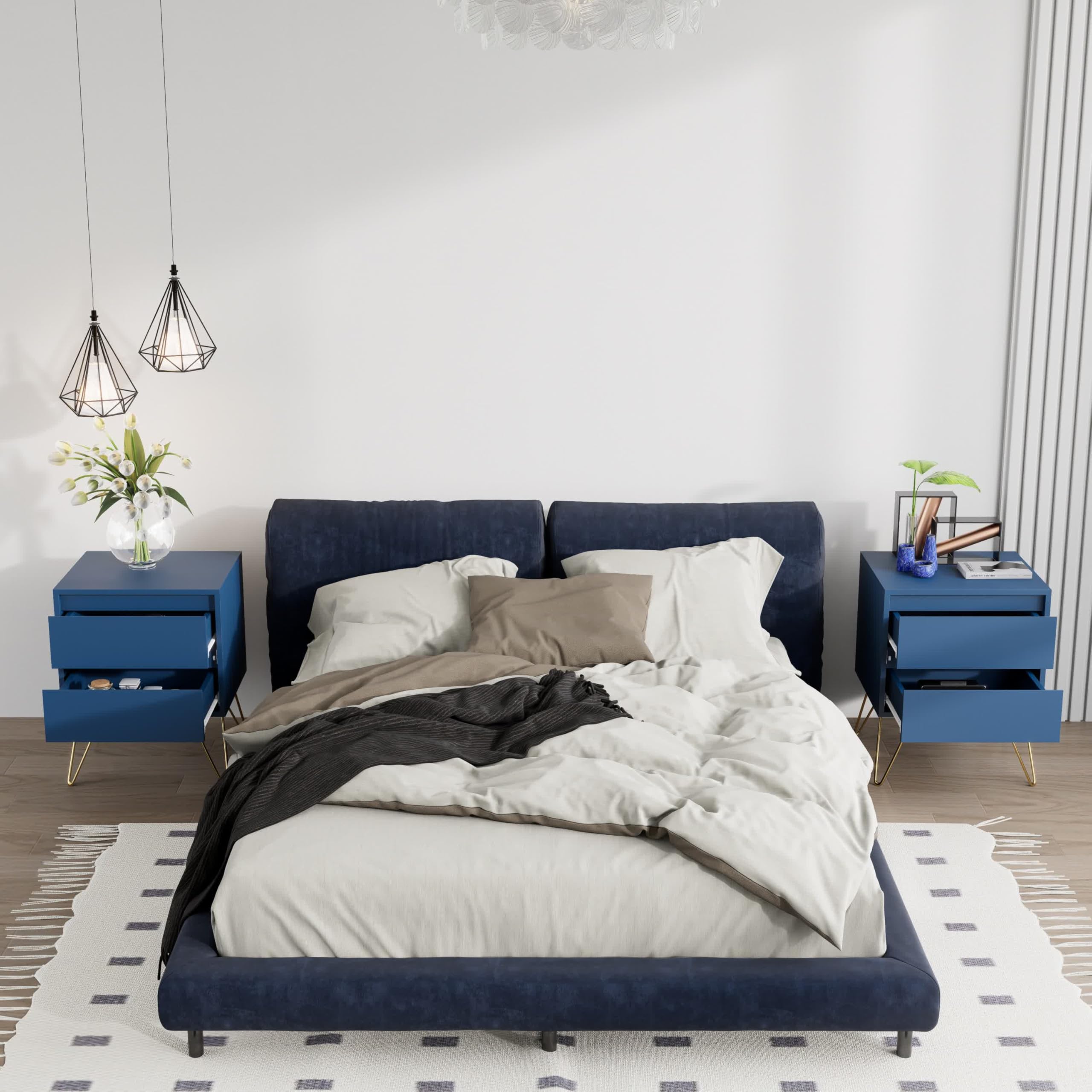 Garvis Home Nachttisch 2er Set, Nachtschrank mit 2 Schubladen, MDF Nachtkonsole mit goldenen Hairpin-Legs, Retro Beistelltisch für Boxspringbett, inkl. Kippschutz (Marineblau)