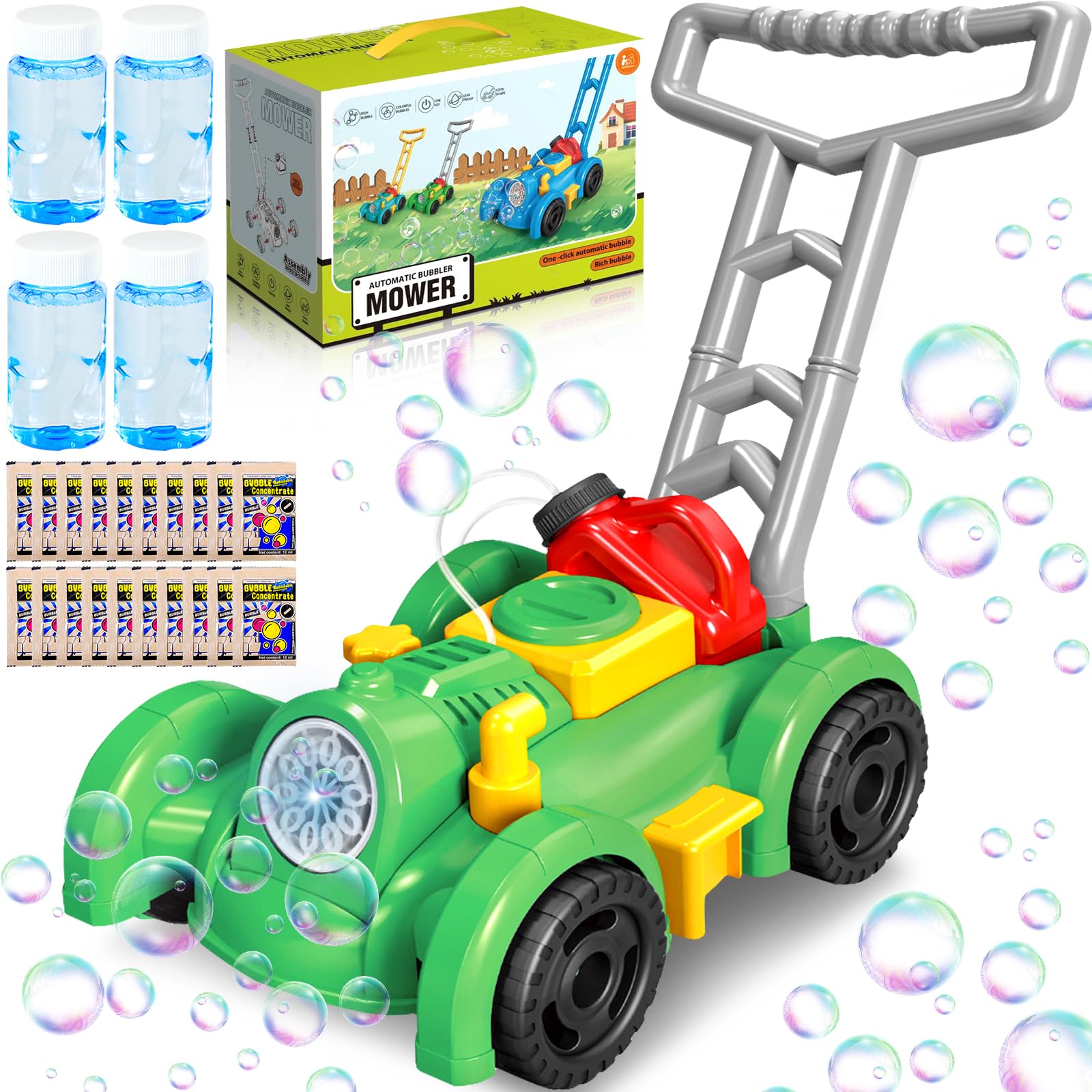 Maquina Pompas Jabon, Cortacesped Juguete Burbujas Jardin, Maquina Burbujas Automatico, Juguetes Exterior para Niños Verano Fiesta, Regalos para Nayores de 3 4 5 Años (Verde)
