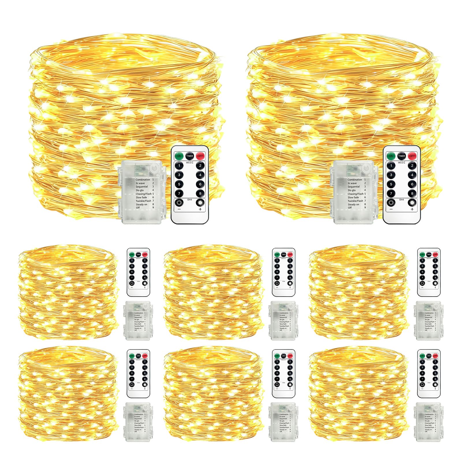 LED Batteriebetriebene Lichterkette 8 Pack, 8 x10M 100 LEDs Warmweiß Drahtlichterkette mit Fernbedienung & Timer, 8 Modi, Wasserdicht für Weihnachten, Party, Hochzeit, Garten & Zimmerdekoration