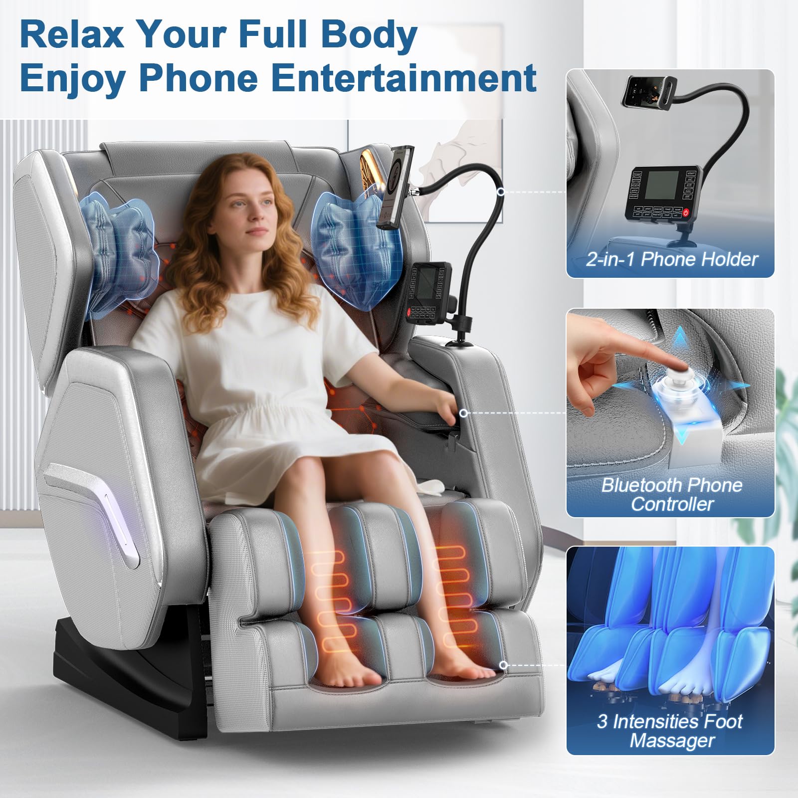 Sillón de Masaje, sillón reclinable de Cuerpo Completo con 14 Rodillos, 8 Bolsas de Aire, función de calefacción, Masaje de pies, Altavoz Bluetooth, Control Remoto táctil