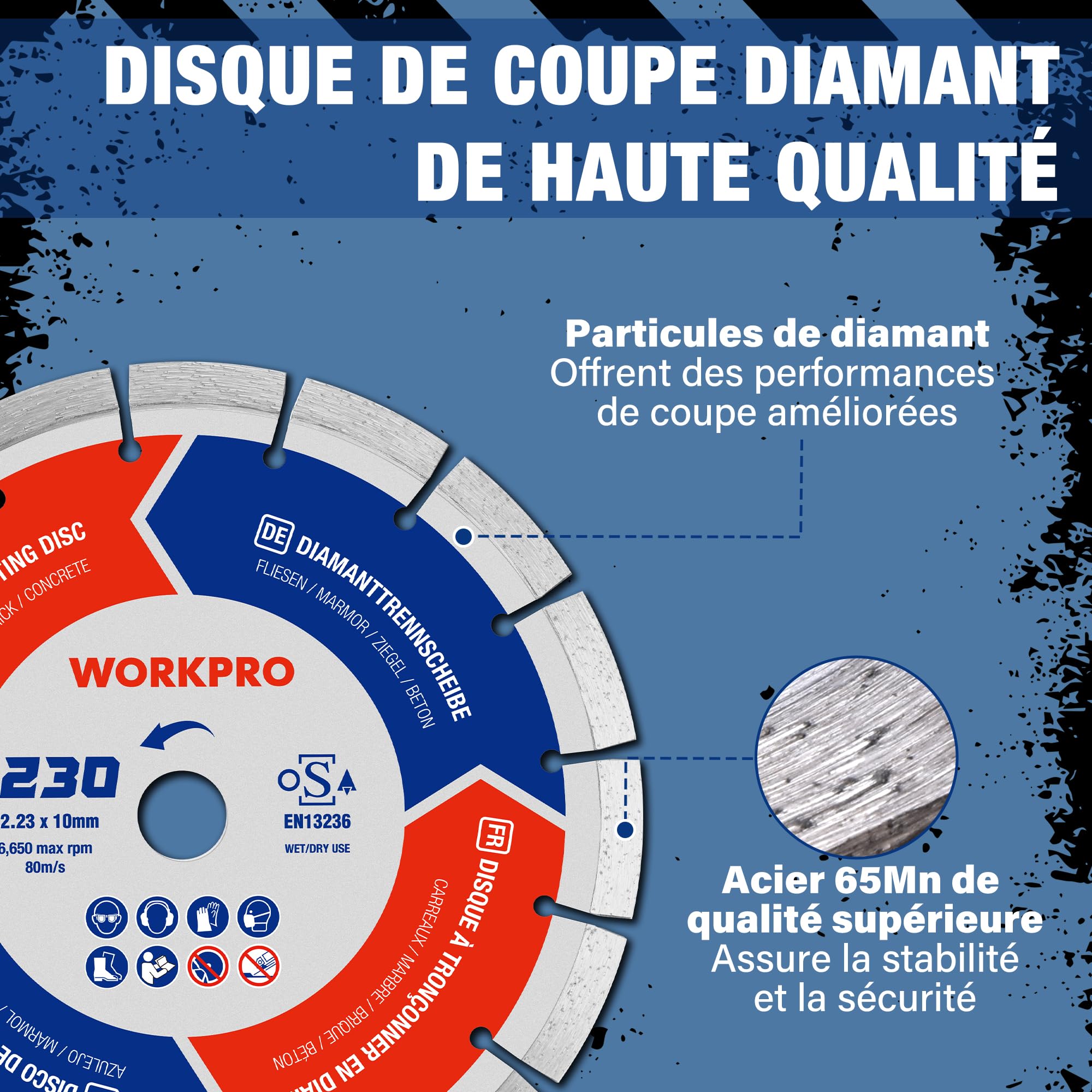 WORKPRO Lot de 2 Disques à Tronçonner Diamantés 230 mm | pour Carrelage, Béton, Pierre, Brique, Granit, Marbre, Meuleuse