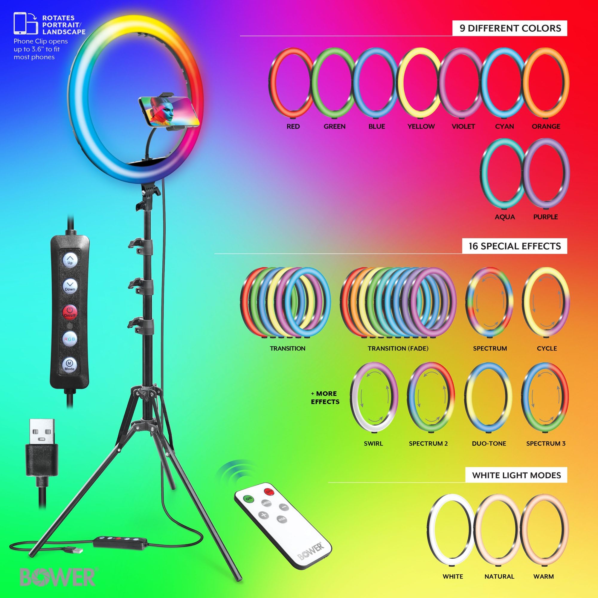 Bower Luce ad anello con supporto. Luce LED RGB da 16 pollici, supporto per telefono treppiede da 62 pollici, telecomando wireless, 16 effetti speciali/9 colori/3 luci bianche per selfie, live