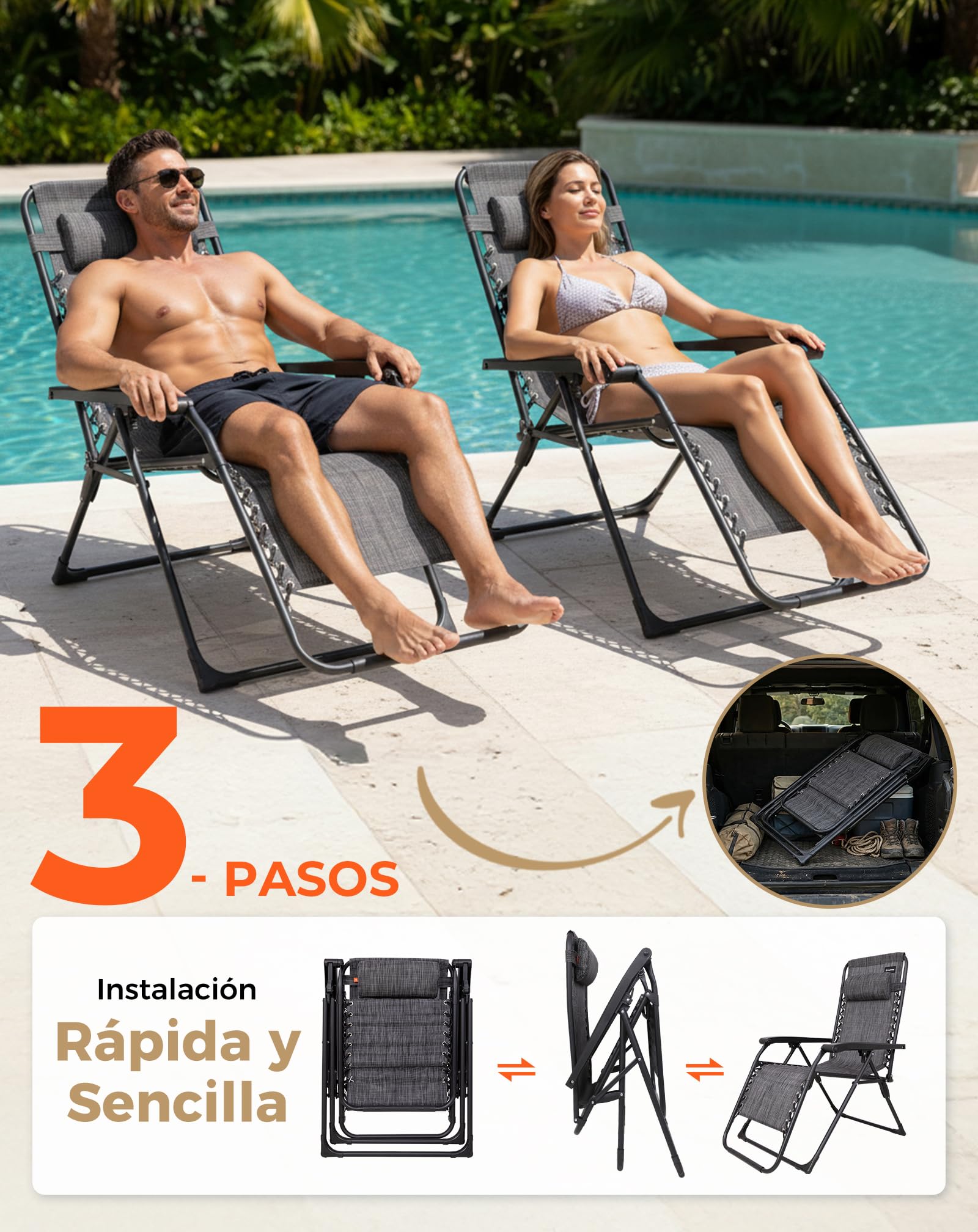 KingCamp Tumbonas Gravedad Cero Plegables hasta 180 kg, Pack de 2 | Silla Reclinable de Jardín Ajustable 90°-130°, Reposacabezas, Textilene y Acero, Tumbona Portátil para Camping Jardín Terraza